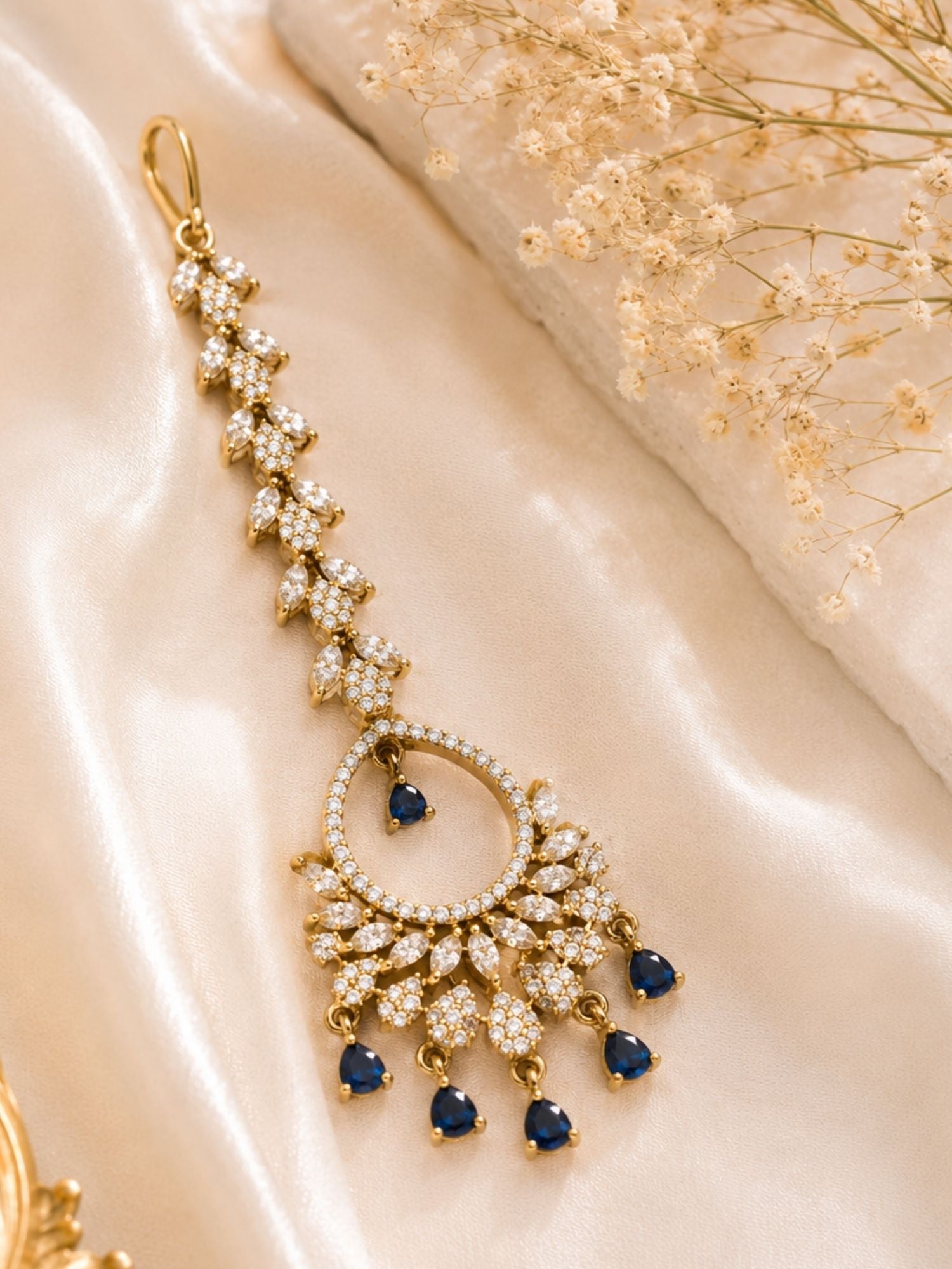 Floral Victorian Oxidised Gold Plated American Diamond Cz Maangtikka