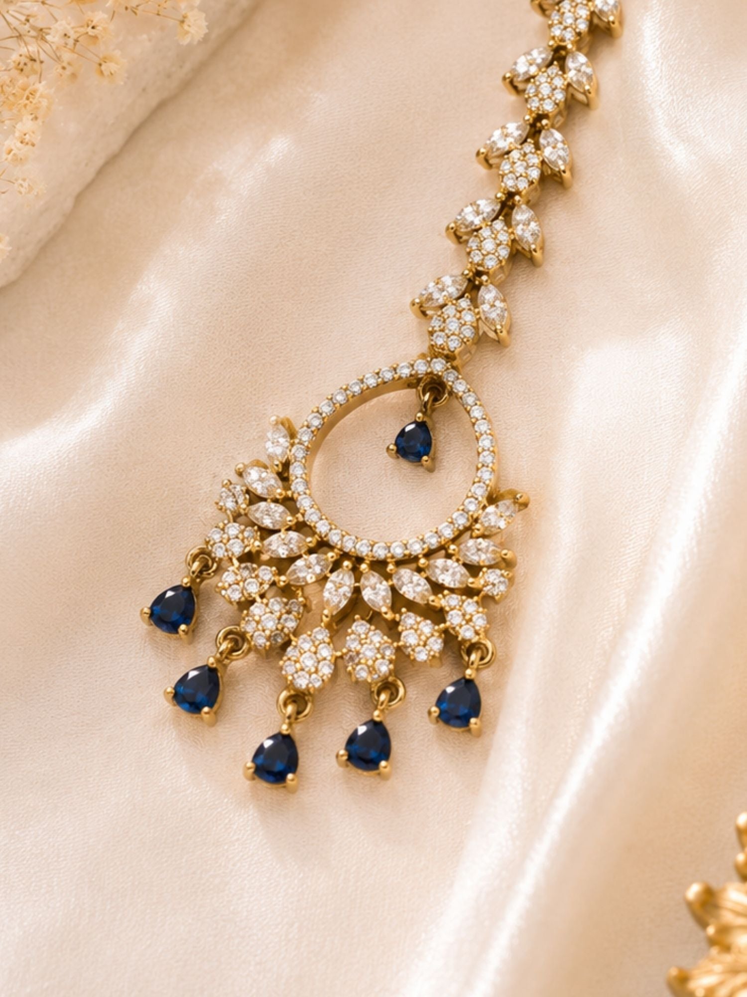 Floral Victorian Oxidised Gold Plated American Diamond Cz Maangtikka