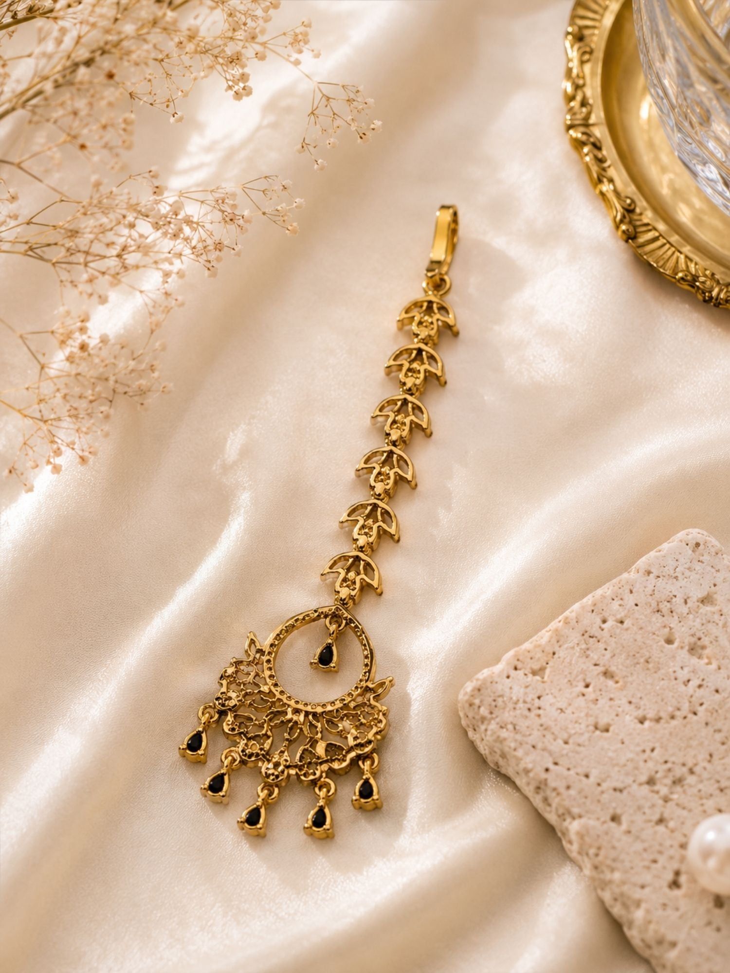 Floral Victorian Oxidised Gold Plated American Diamond Cz Maangtikka