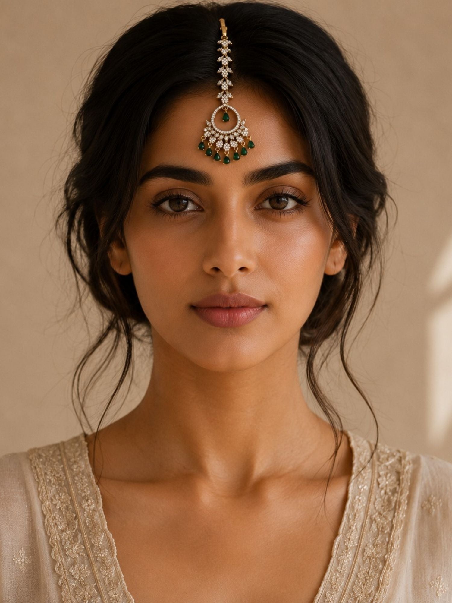 Floral Victorian Oxidised Gold Plated American Diamond Cz Maangtikka