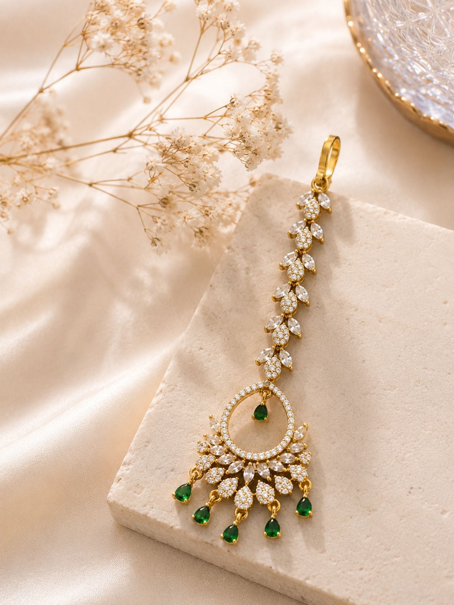 Floral Victorian Oxidised Gold Plated American Diamond Cz Maangtikka