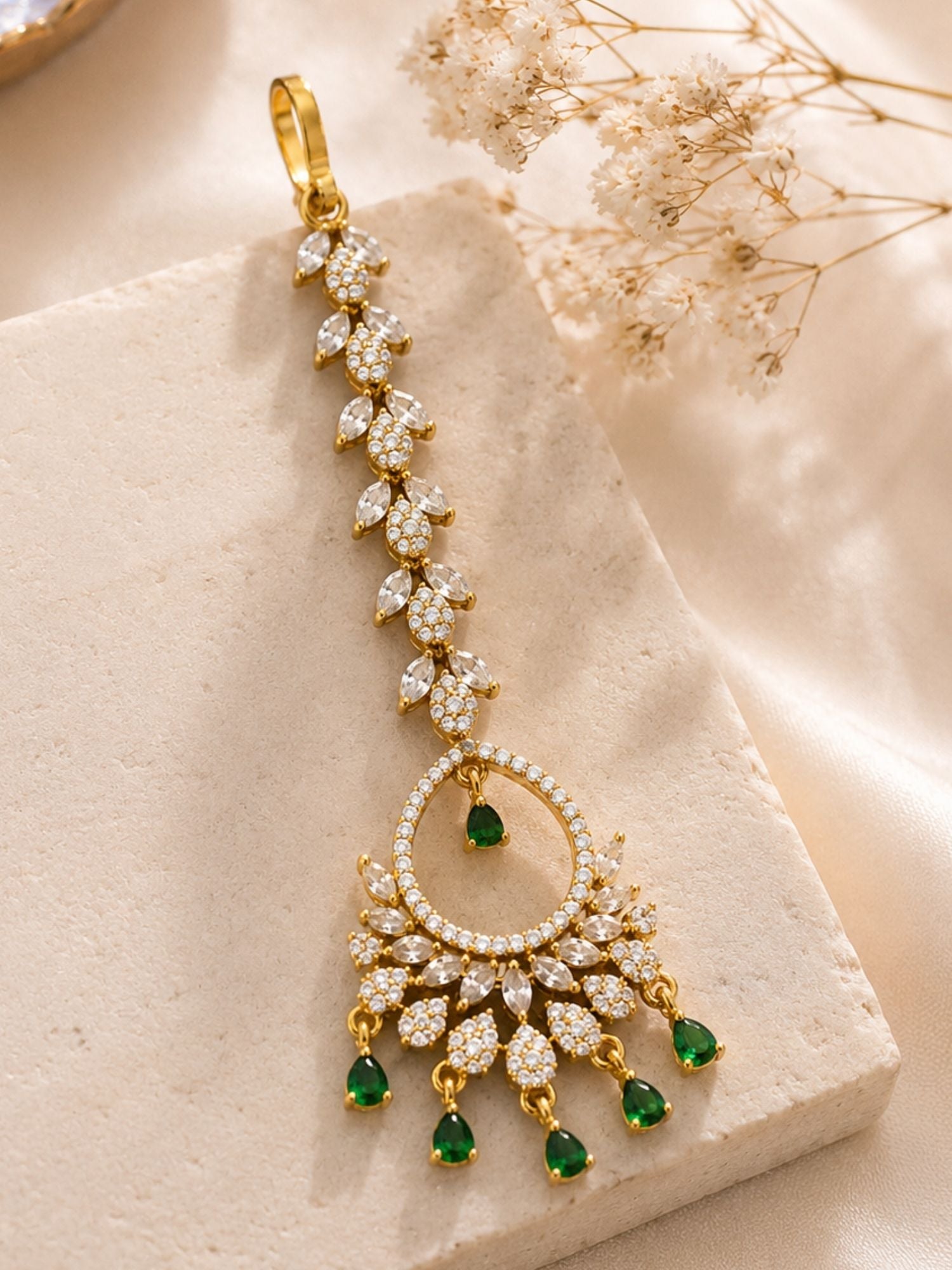 Floral Victorian Oxidised Gold Plated American Diamond Cz Maangtikka
