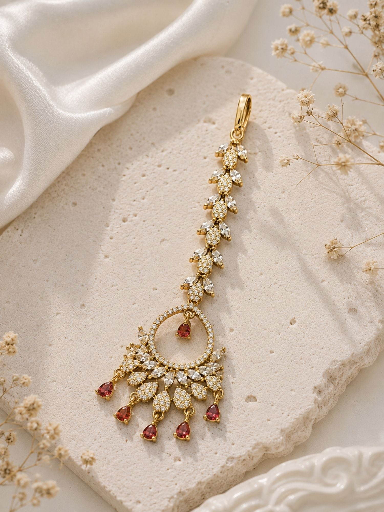 Floral Victorian Oxidised Gold Plated American Diamond Cz Maangtikka