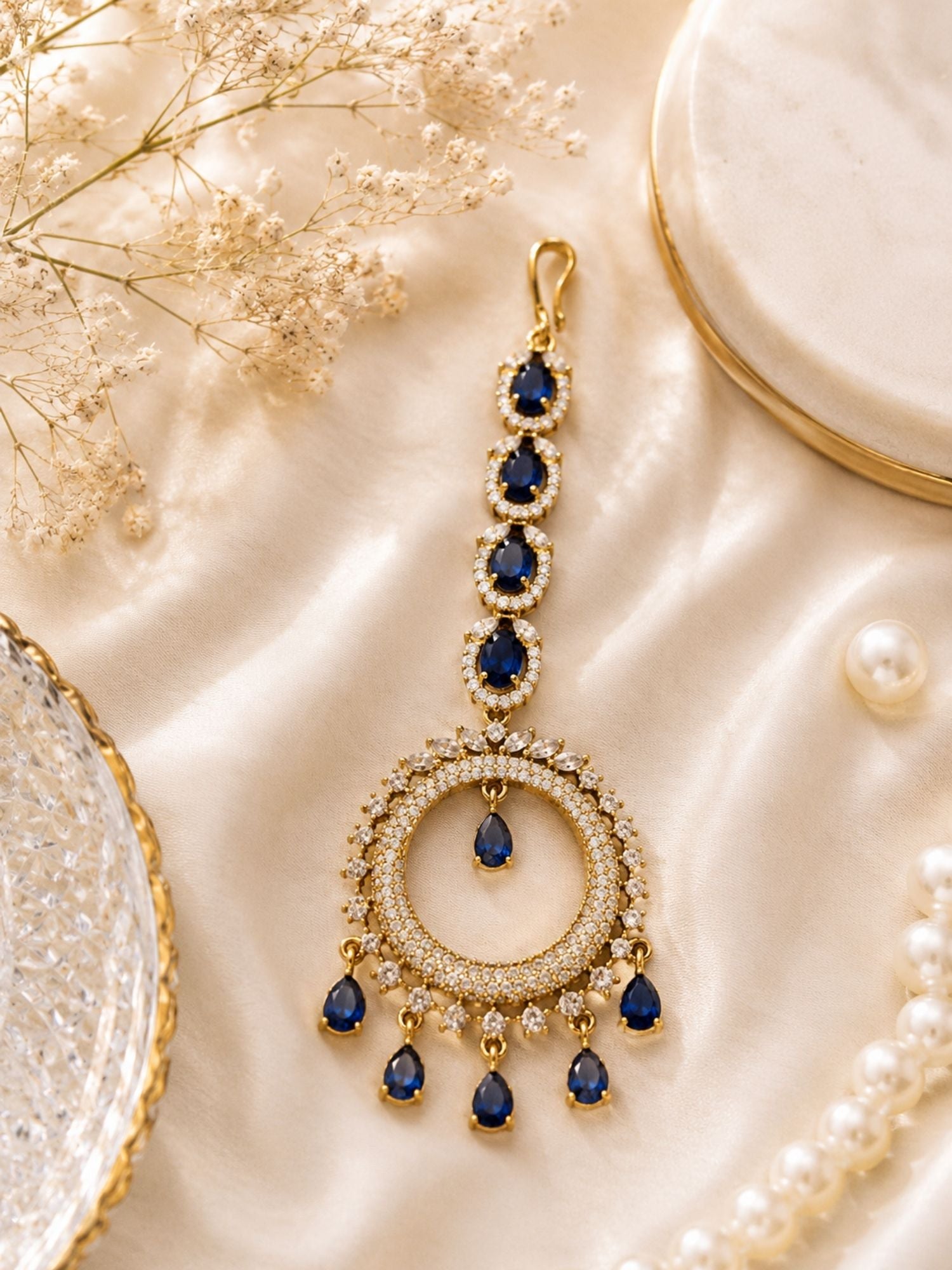 Round Victorian Oxidised Gold Plated American Diamond Cz Maangtikka
