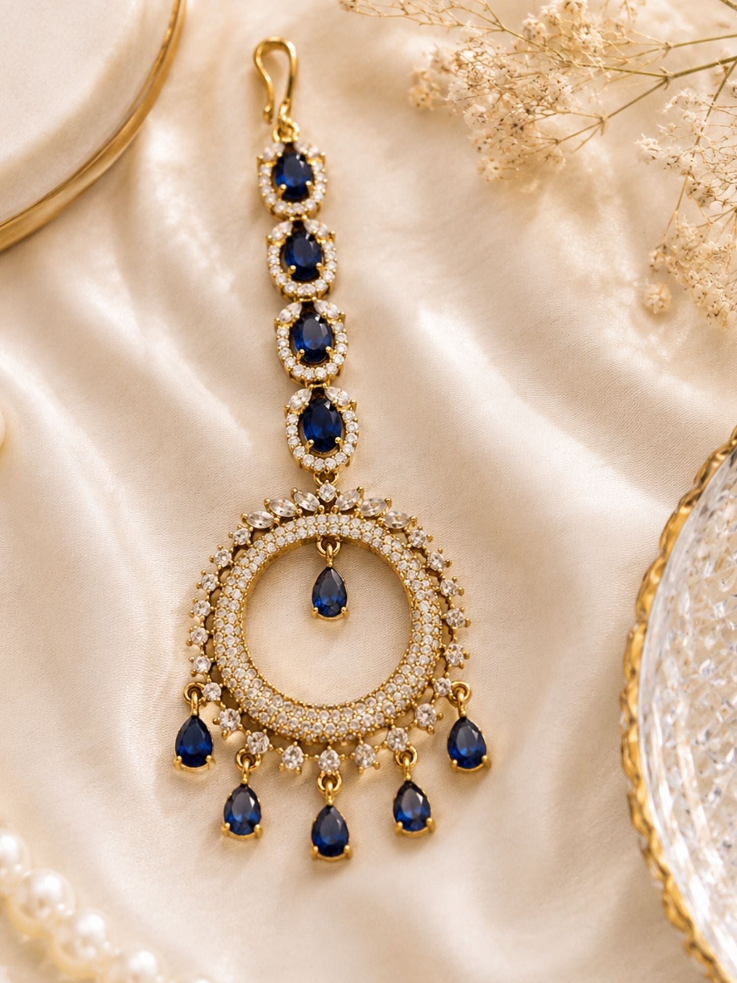 Round Victorian Oxidised Gold Plated American Diamond Cz Maangtikka