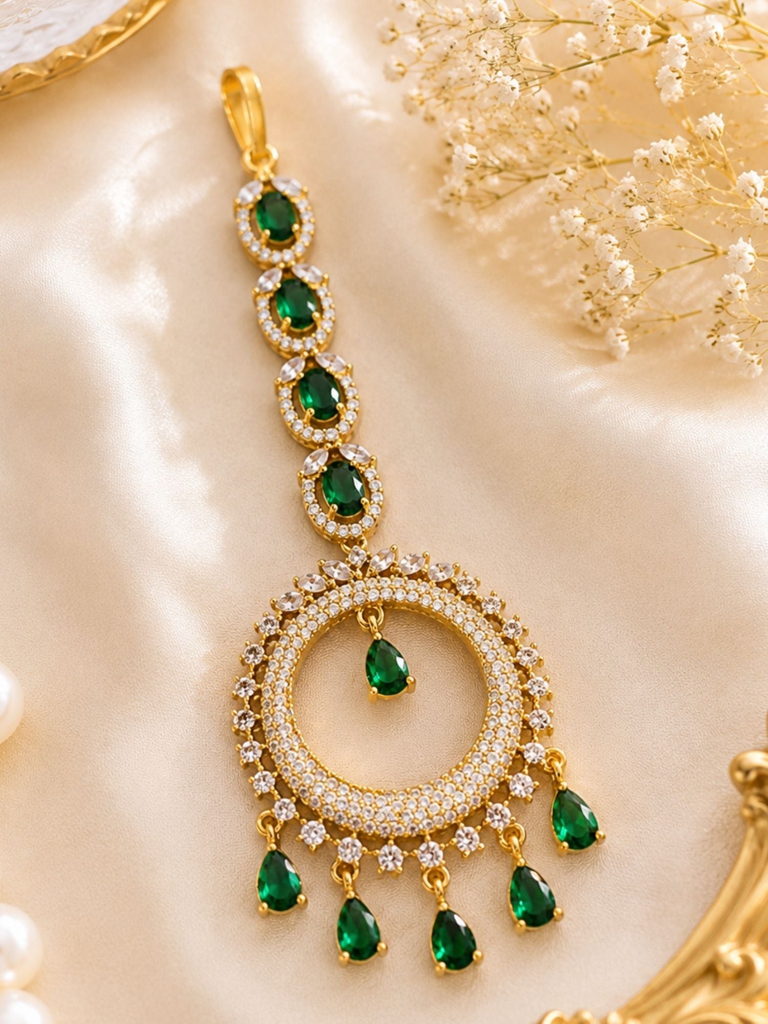 Round Victorian Oxidised Gold Plated American Diamond Cz Maangtikka