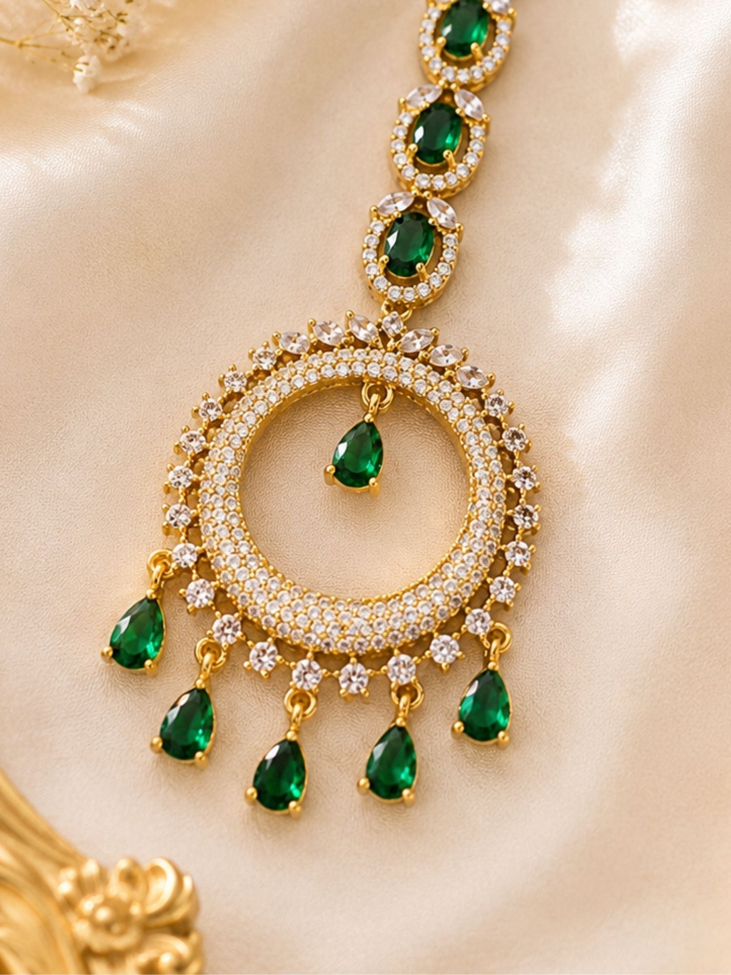 Round Victorian Oxidised Gold Plated American Diamond Cz Maangtikka