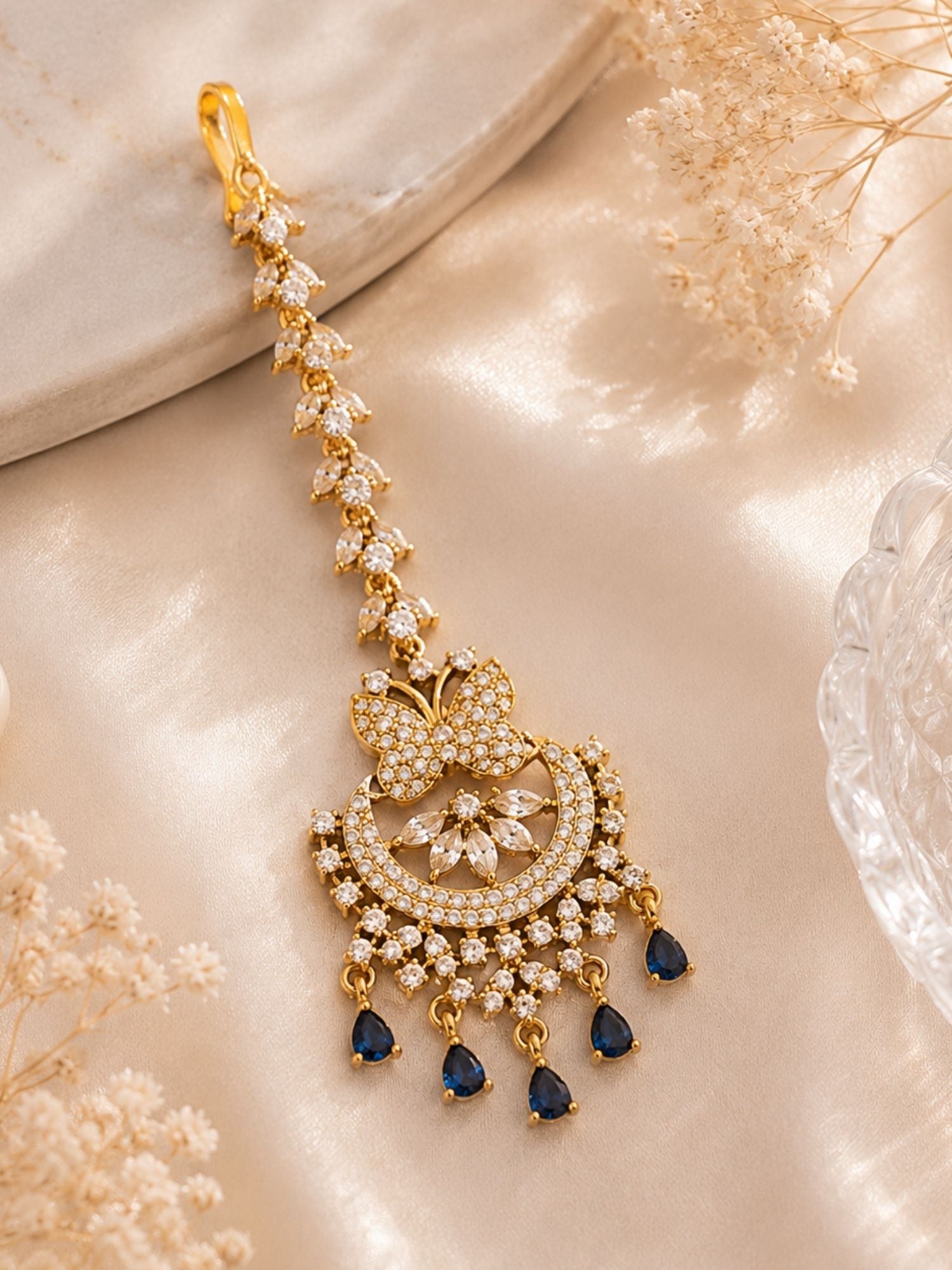 Bridal Victorian Oxidised Gold Plated American Diamond Cz Maangtikka
