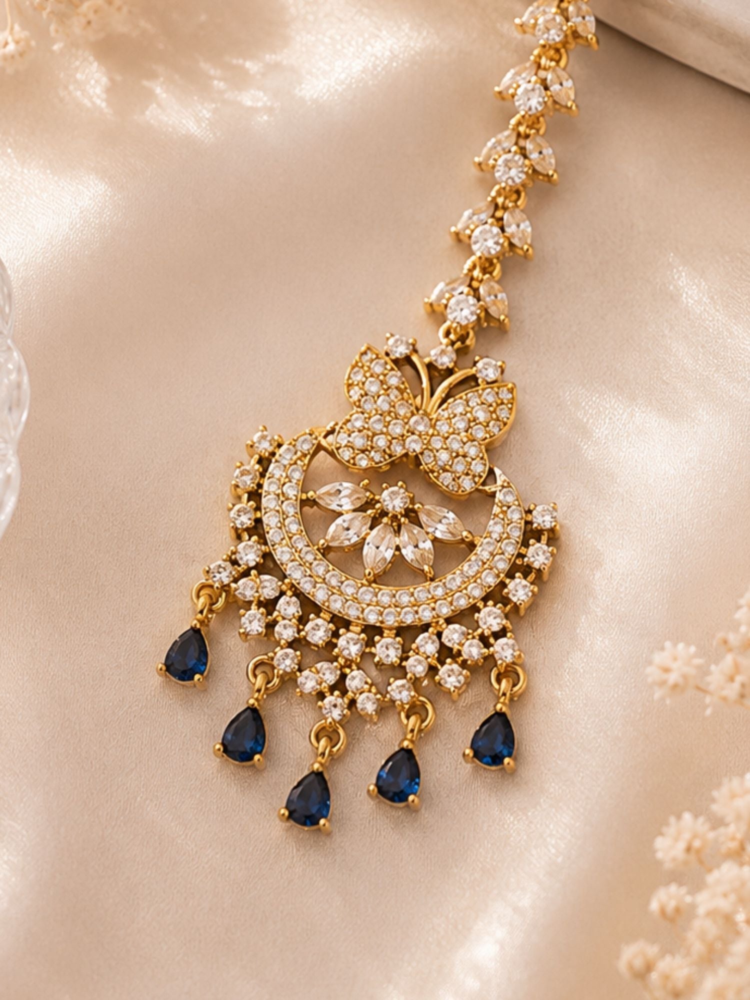 Bridal Victorian Oxidised Gold Plated American Diamond Cz Maangtikka