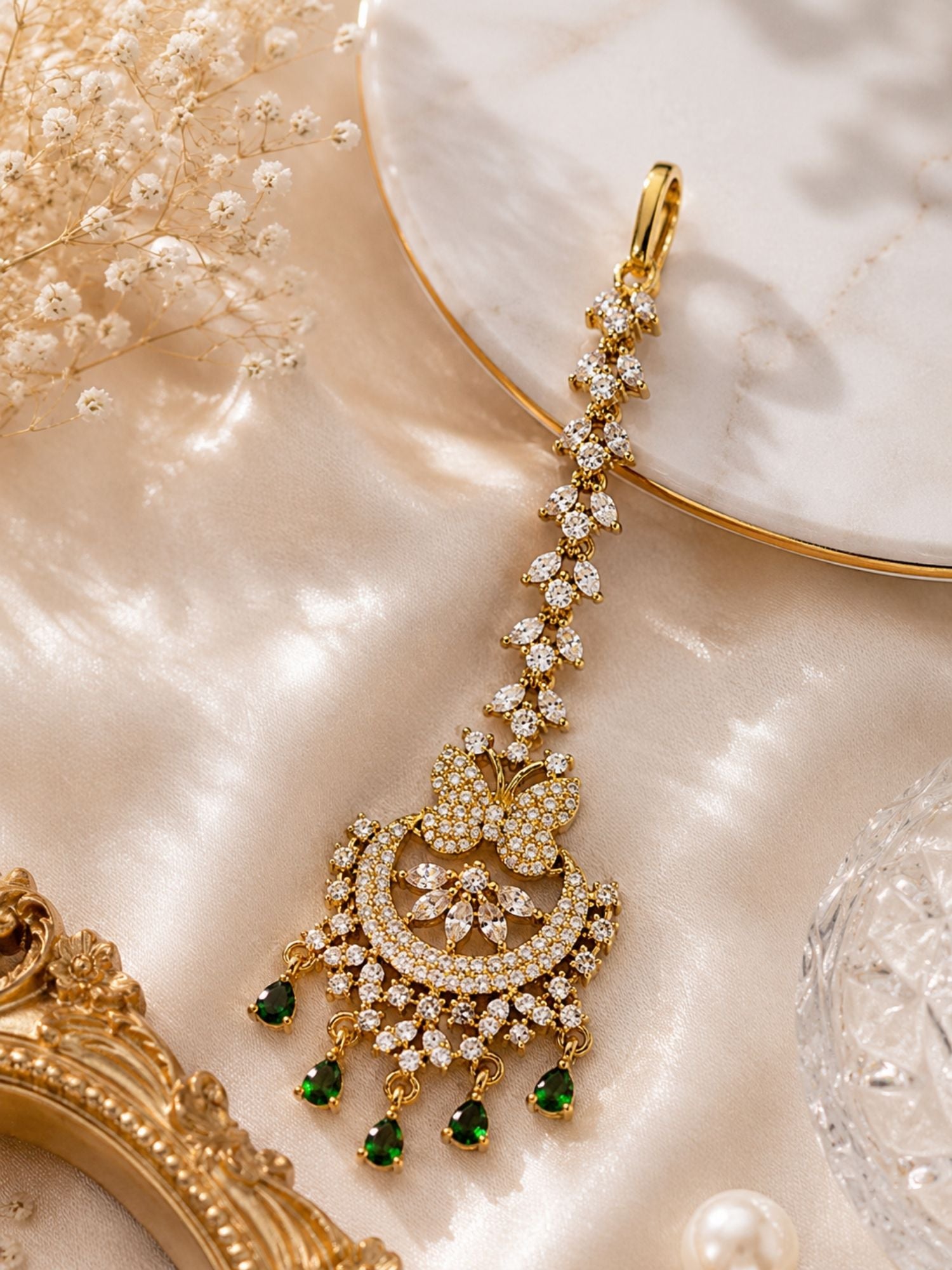 Bridal Victorian Oxidised Gold Plated American Diamond Cz Maangtikka