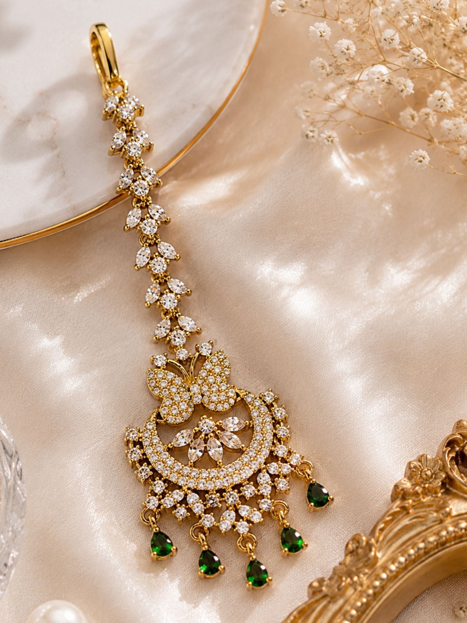 Bridal Victorian Oxidised Gold Plated American Diamond Cz Maangtikka