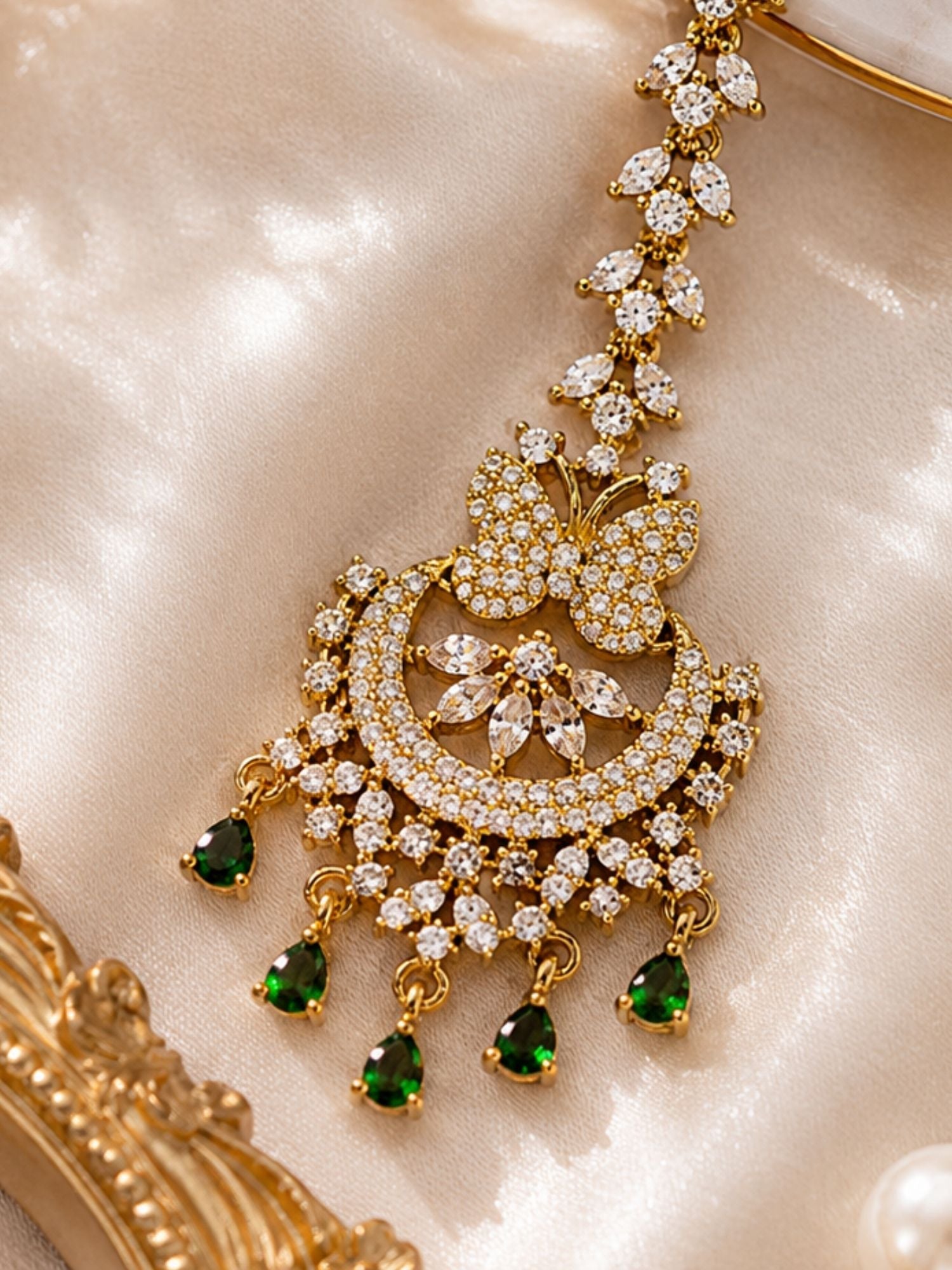 Bridal Victorian Oxidised Gold Plated American Diamond Cz Maangtikka