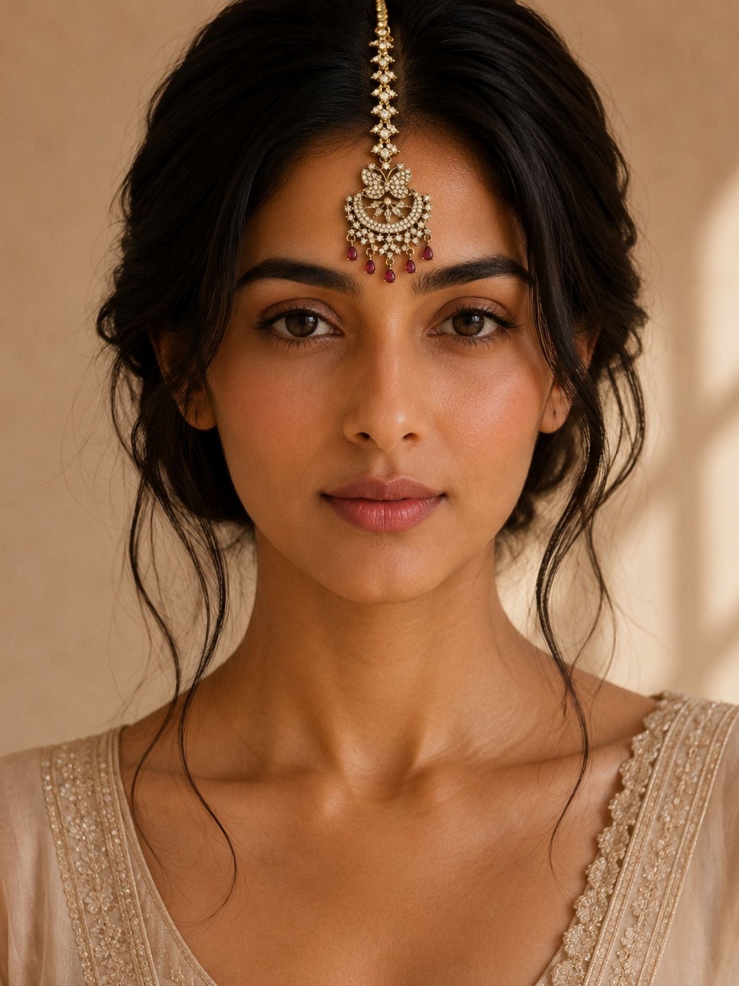 Bridal Victorian Oxidised Gold Plated American Diamond Cz Maangtikka