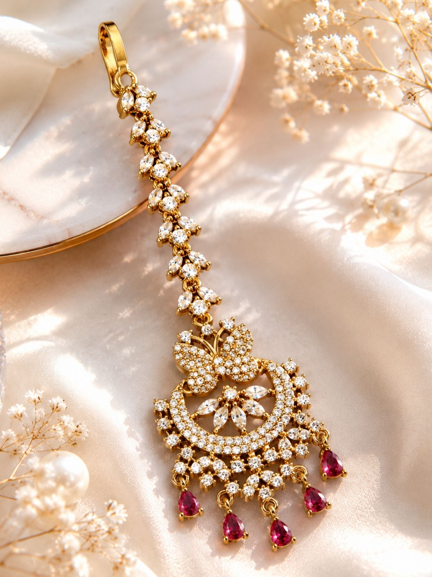 Bridal Victorian Oxidised Gold Plated American Diamond Cz Maangtikka