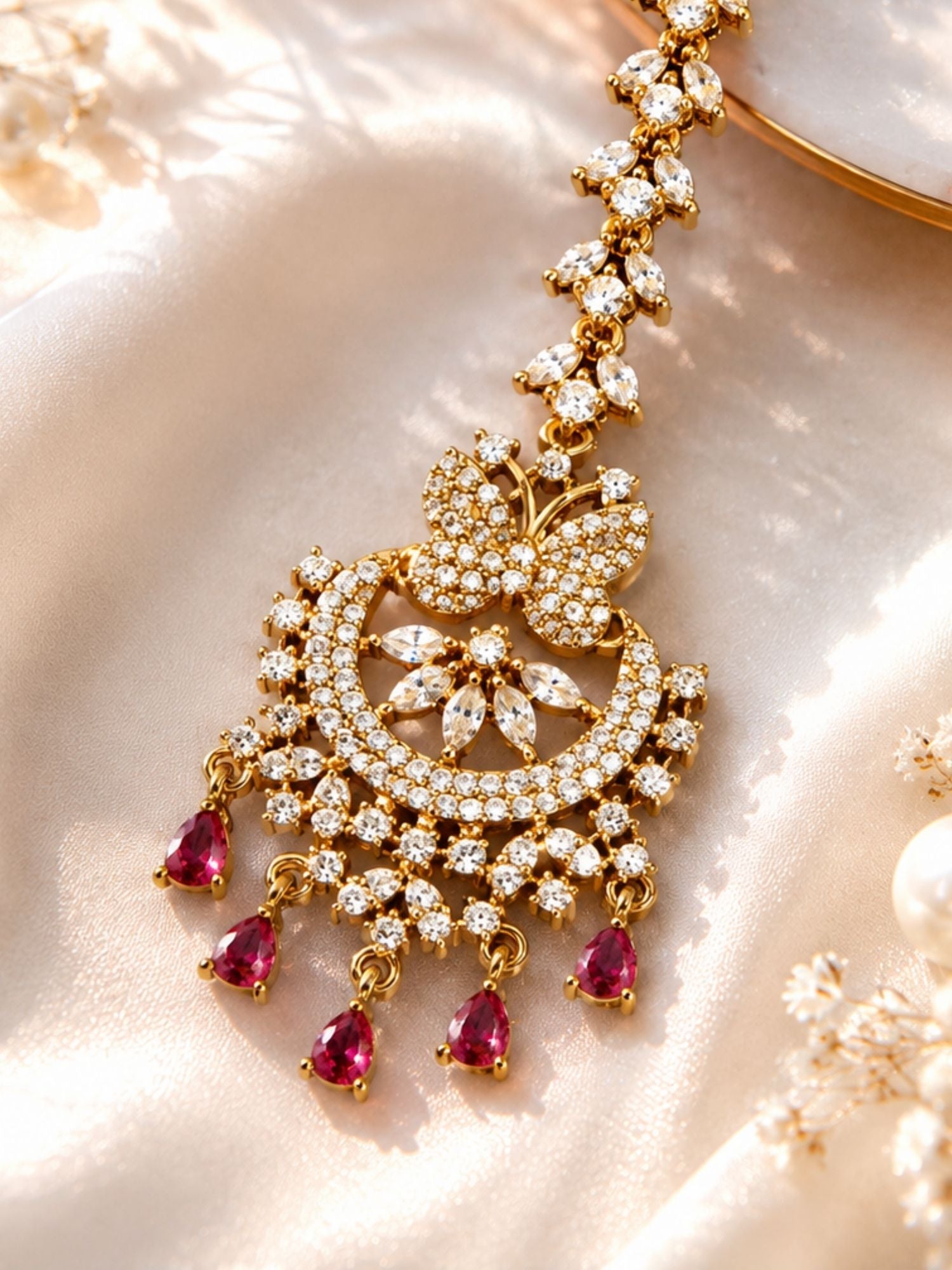 Bridal Victorian Oxidised Gold Plated American Diamond Cz Maangtikka