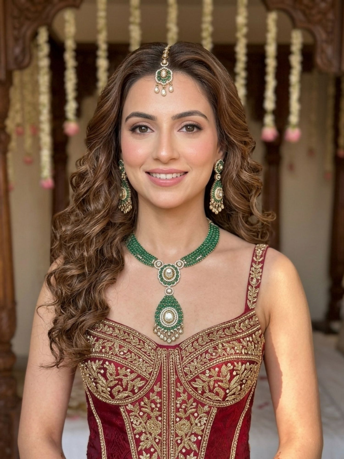 Woman wearing Abdesigns emerald green polki Victorian style necklace set styled with luxurious traditional Indian outfit