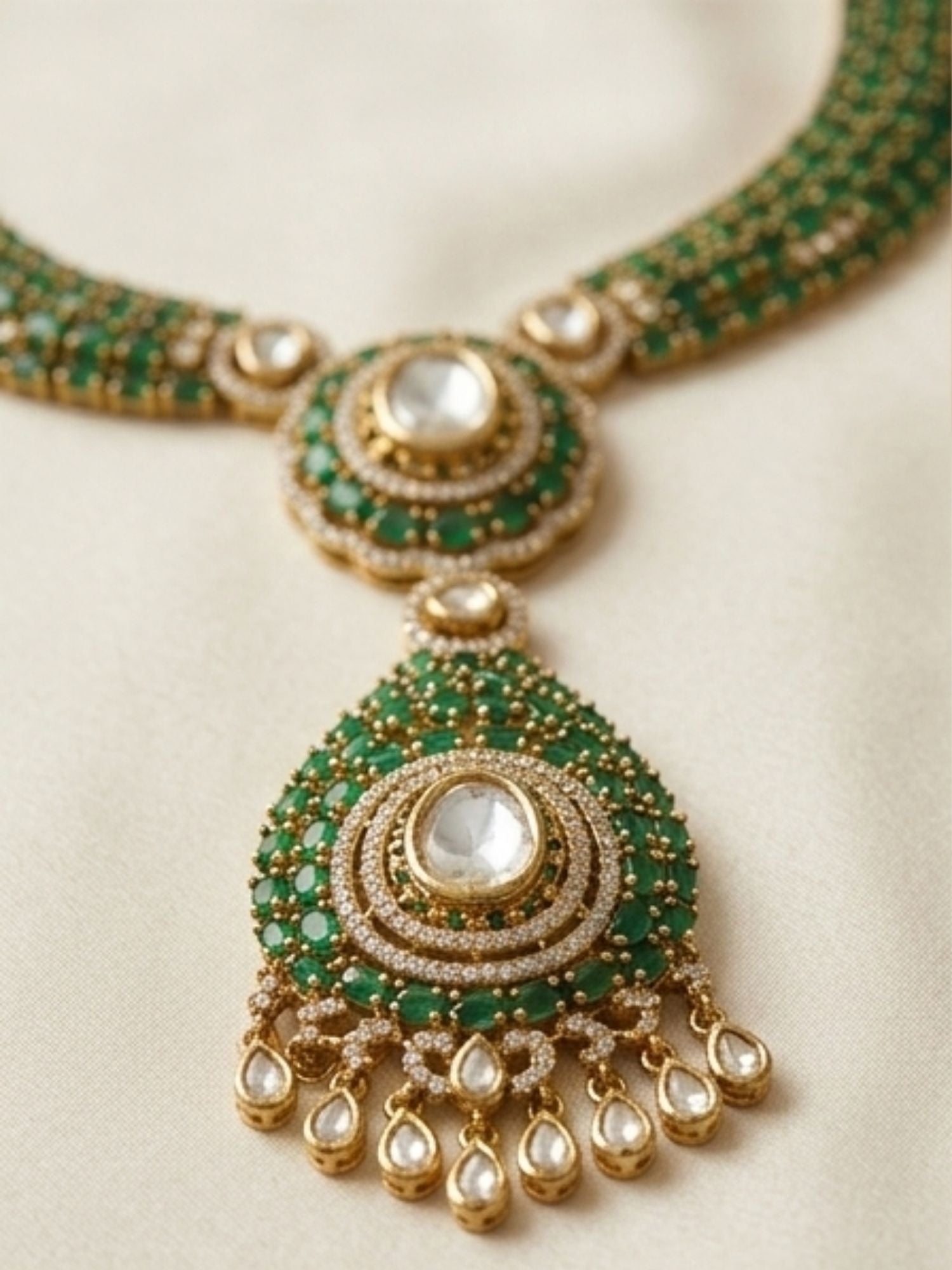 Emerald Green Polki Victorian Style Necklace Set - necklace by Abdesigns Jewellery