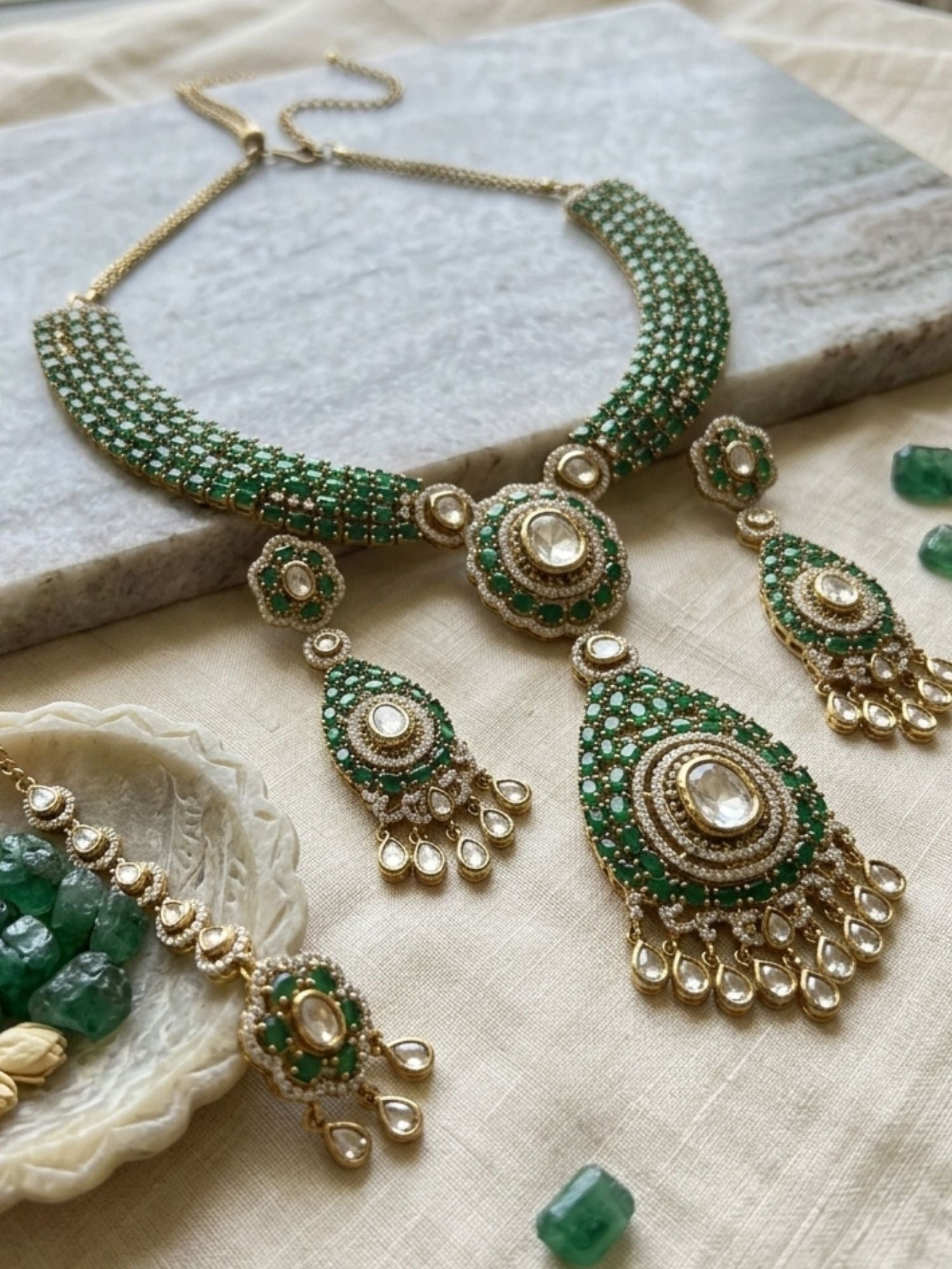Emerald Green Polki Victorian Style Necklace Set - necklace by Abdesigns Jewellery