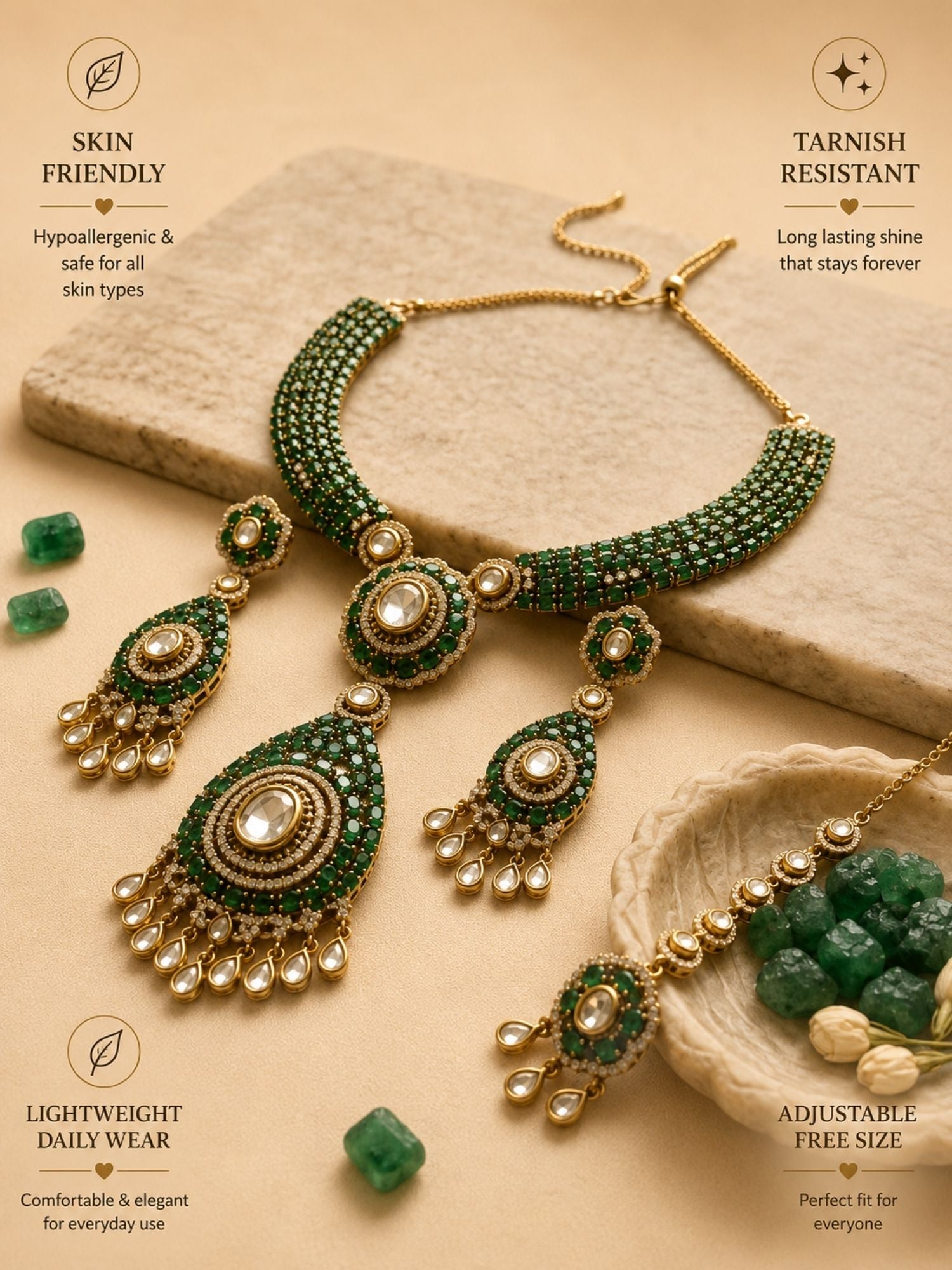 Emerald Green Polki Victorian Style Necklace Set - necklace by Abdesigns Jewellery