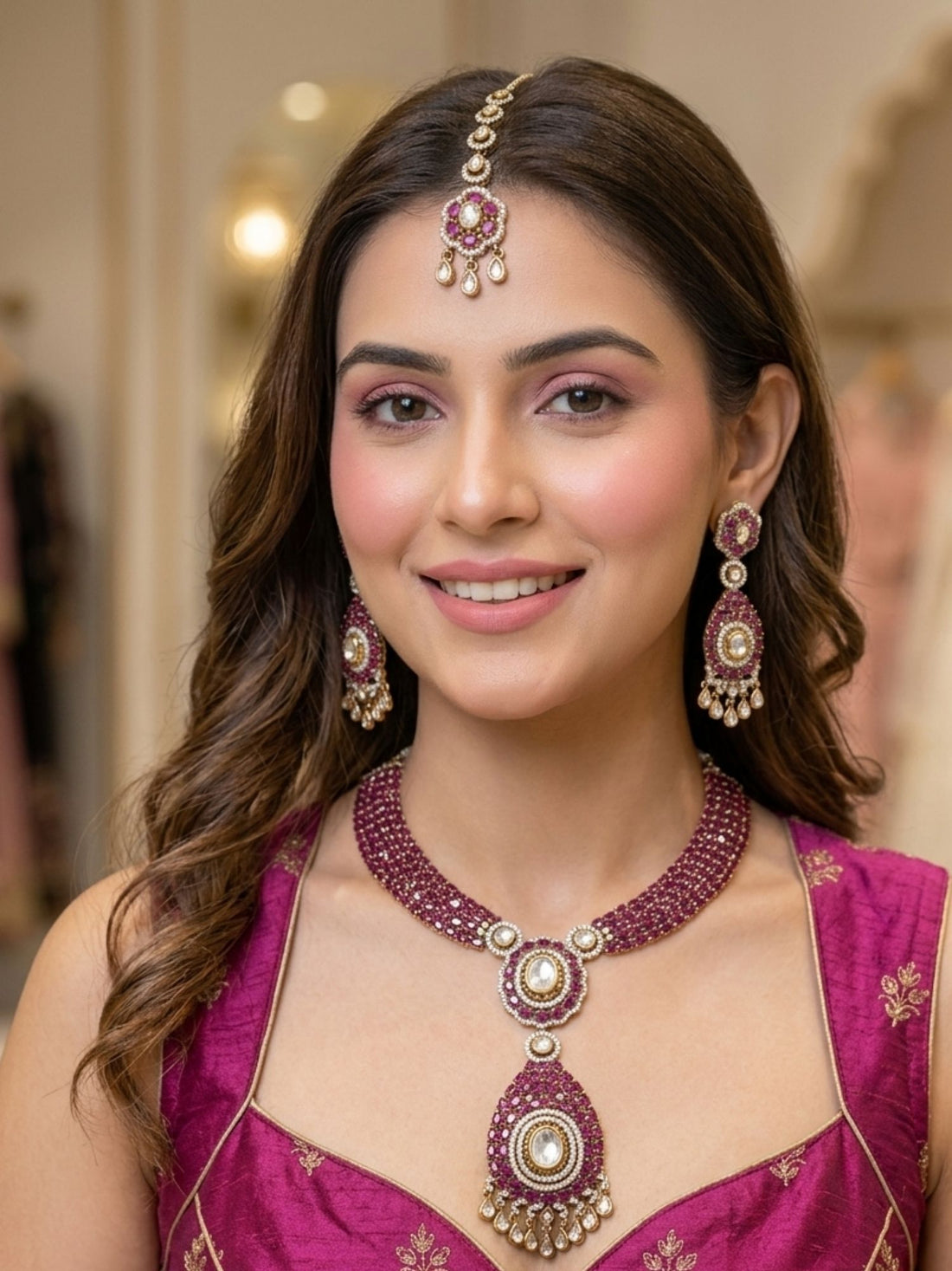 Woman wearing Abdesigns polki Victorian style necklace set styled with luxurious traditional Indian outfit