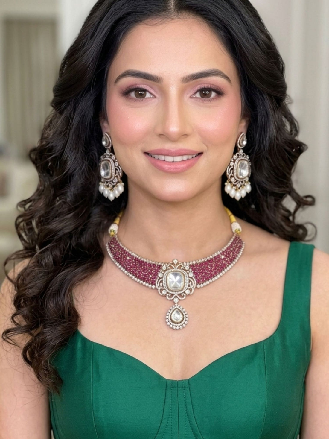 Woman wearing Abdesigns Victorian style polki ruby emerald necklace set styled with luxurious traditional Indian outfit