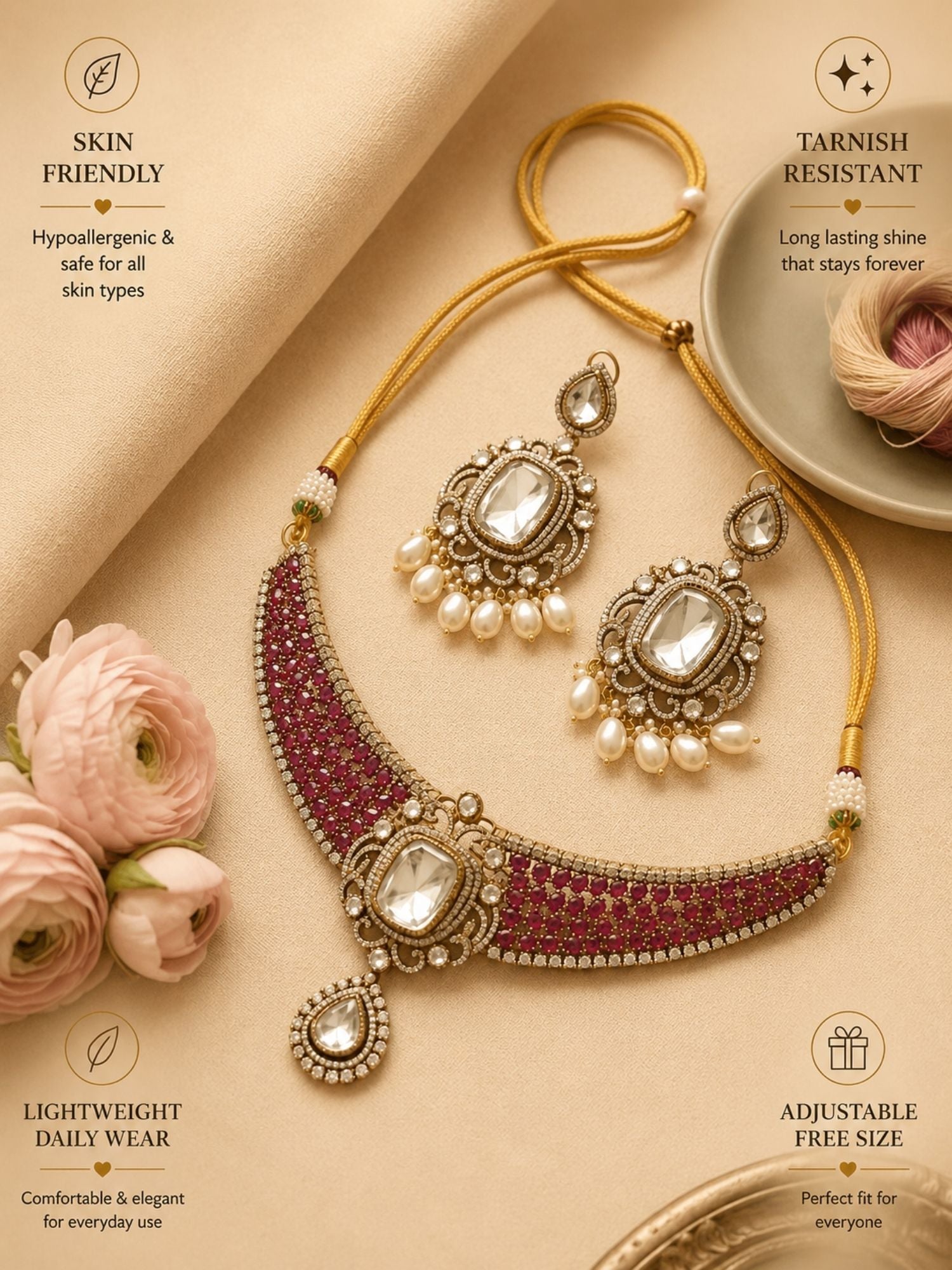 Victorian Style Polki Design Ruby Emerald Necklace Set - necklace by Abdesigns Jewellery