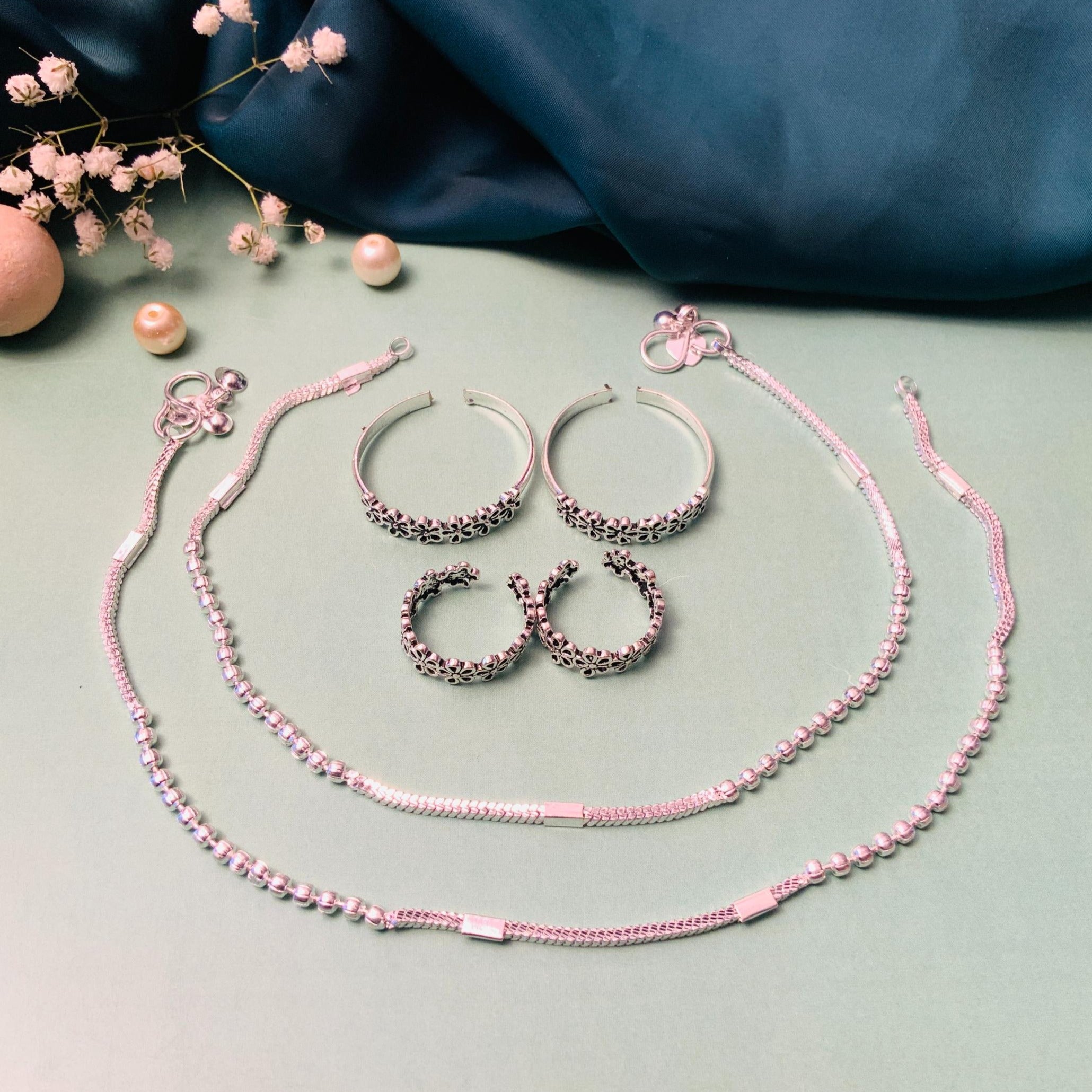 Enchanting Silver Oxidised Anklet & Toe Rings Combo - Abdesignsjewellery