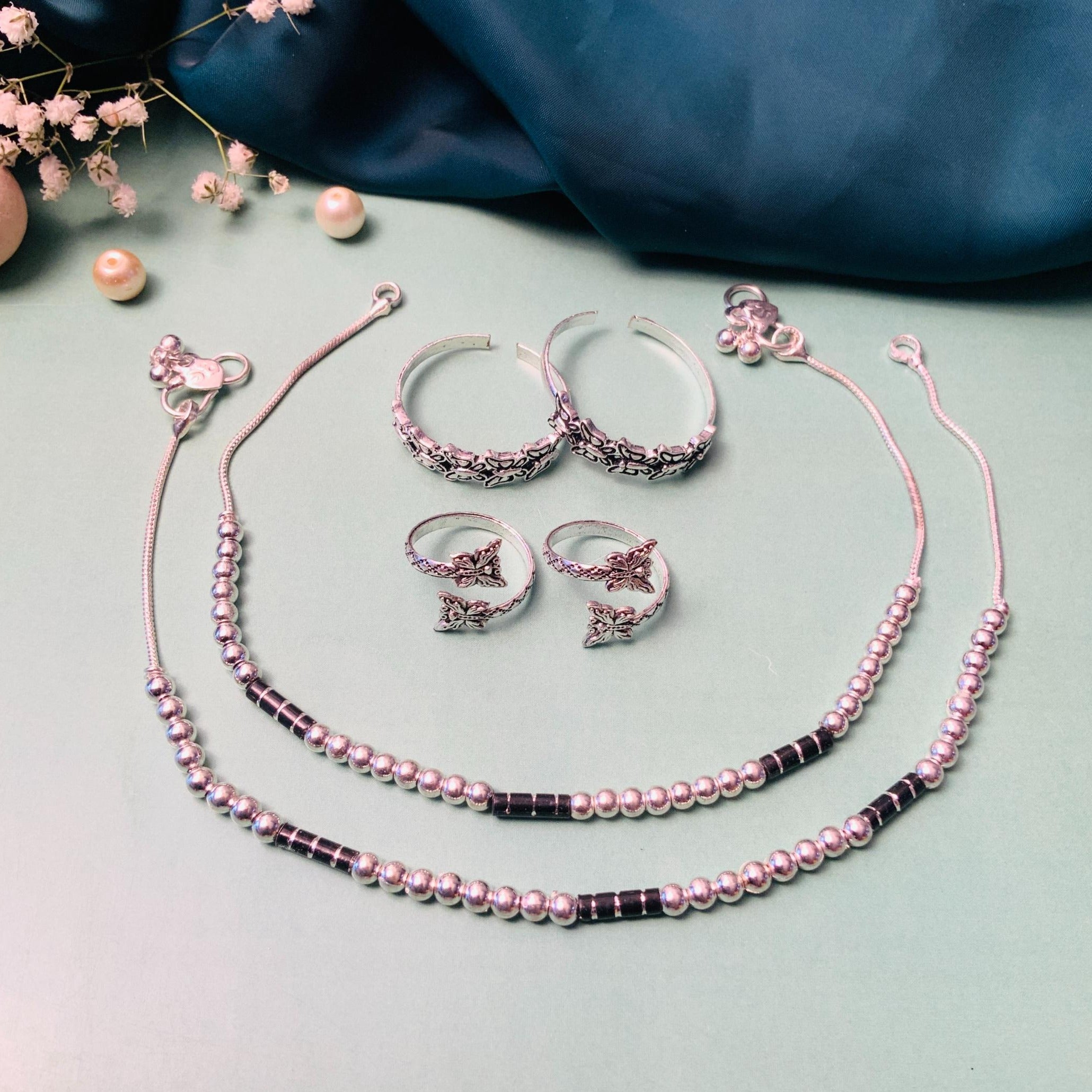 Bewitching Silver Oxidised Anklet & Toe Rings Combo - Abdesignsjewellery