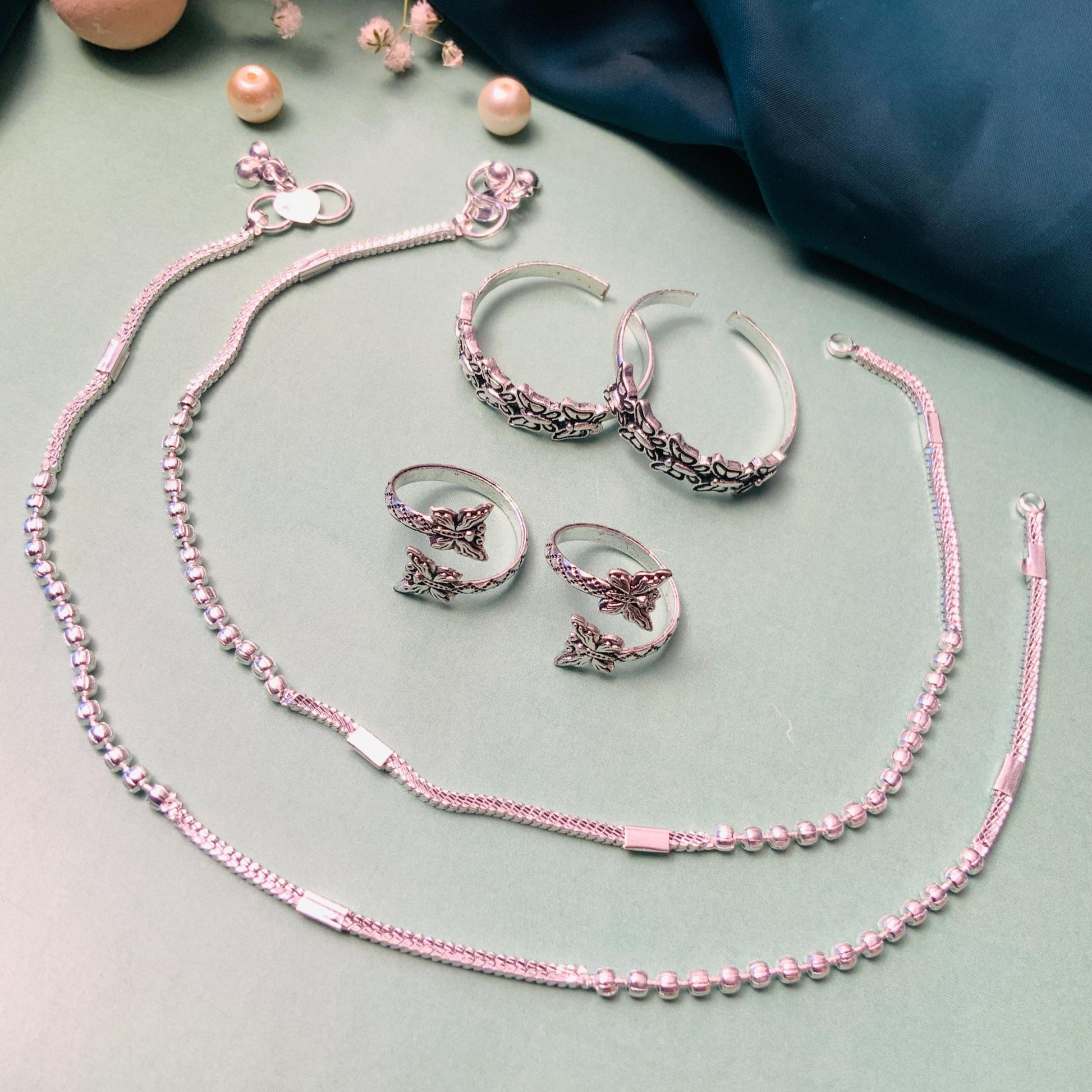 Bewitching Silver Oxidised Anklet & Toe Rings Combo - Abdesignsjewellery
