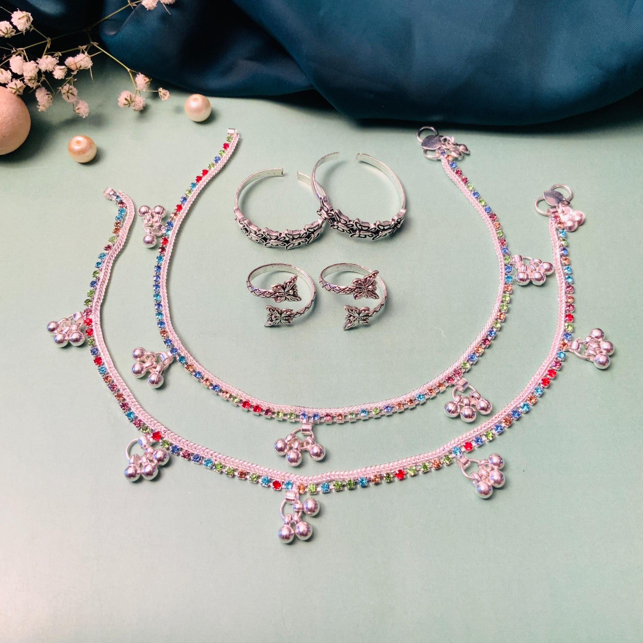 Bewitching Silver Oxidised Anklet & Toe Rings Combo - Abdesignsjewellery