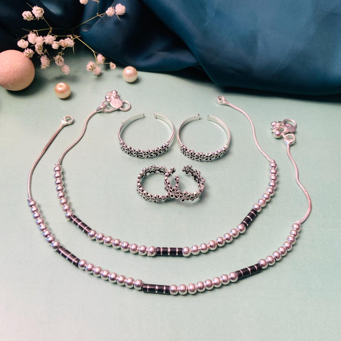 Enchanting Silver Oxidised Anklet & Toe Rings Combo - Abdesignsjewellery