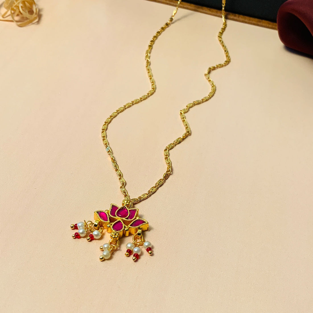 Gold Plated Lotus Pink Pachi Kundan Pendant Chain - Abdesignsjewellery