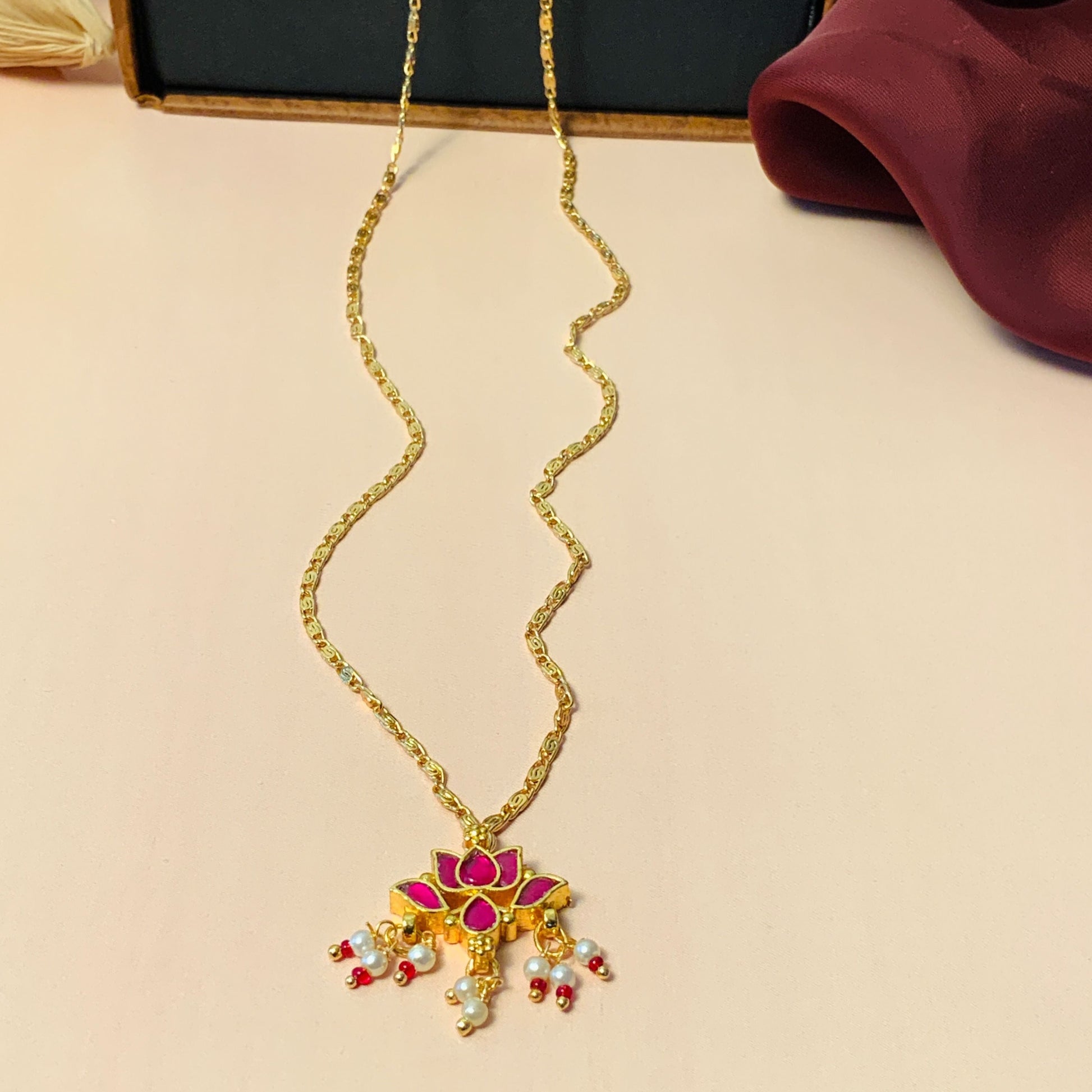 Gold Plated Lotus Pink Pachi Kundan Pendant Chain - Abdesignsjewellery