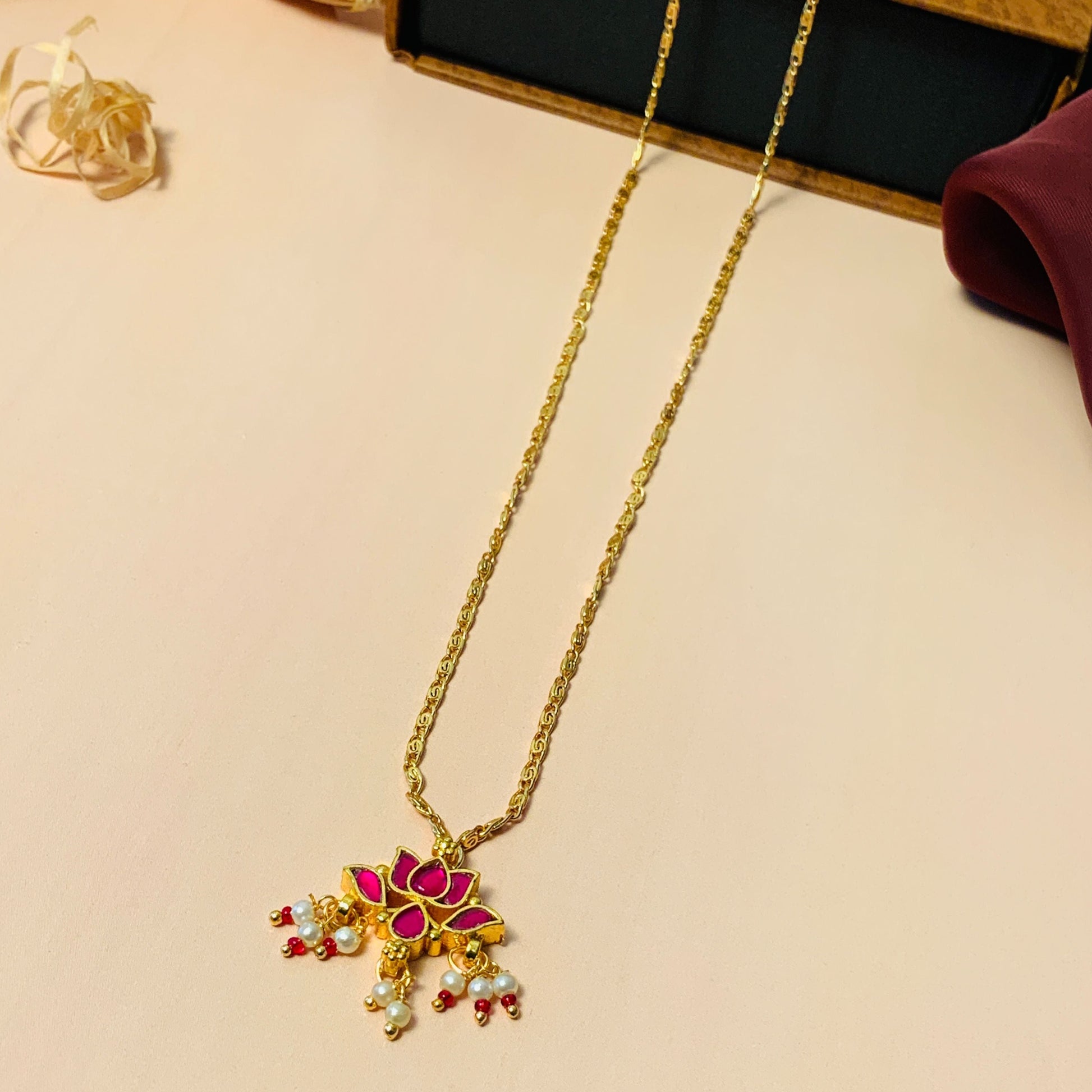 Gold Plated Lotus Pink Pachi Kundan Pendant Chain - Abdesignsjewellery