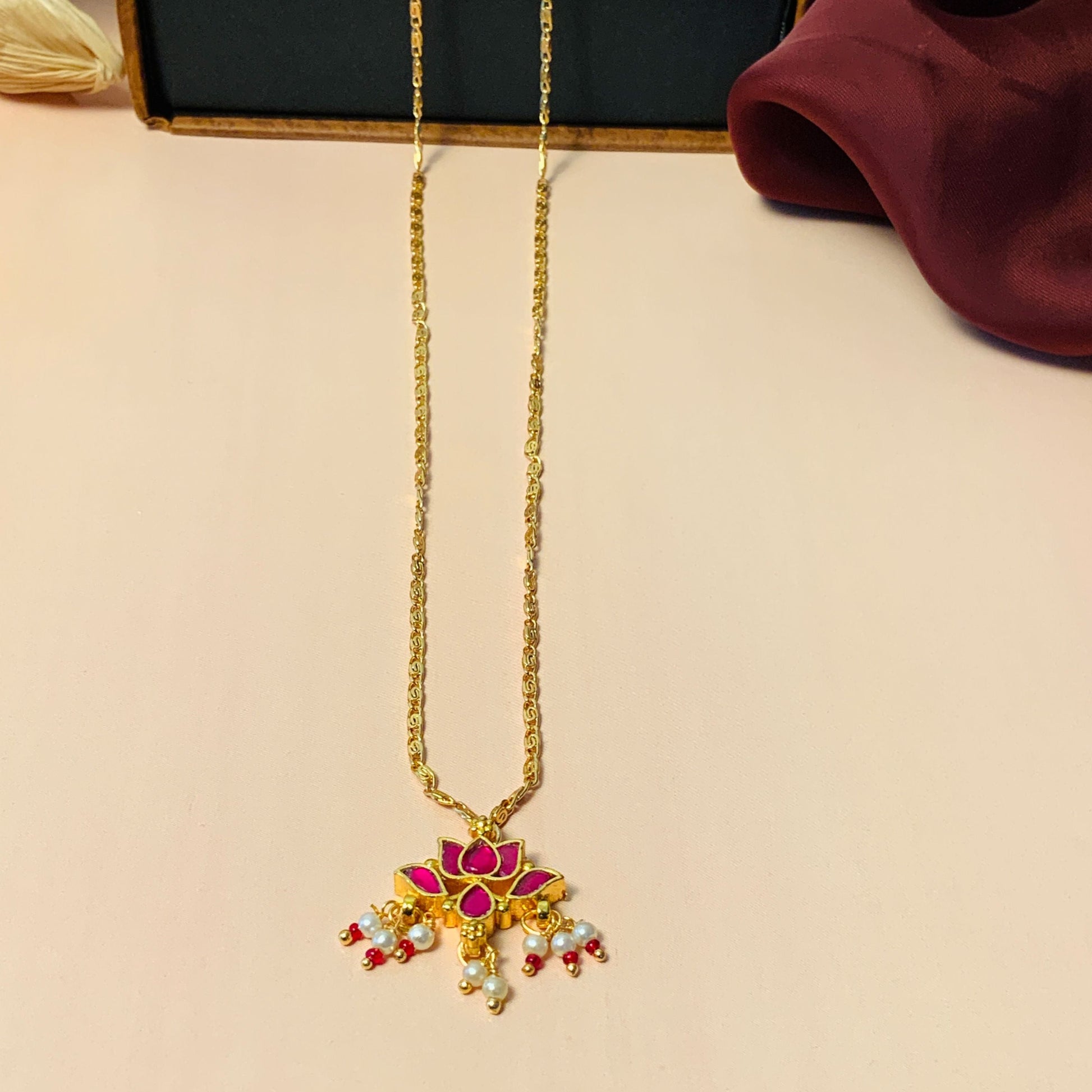 Gold Plated Lotus Pink Pachi Kundan Pendant Chain - Abdesignsjewellery