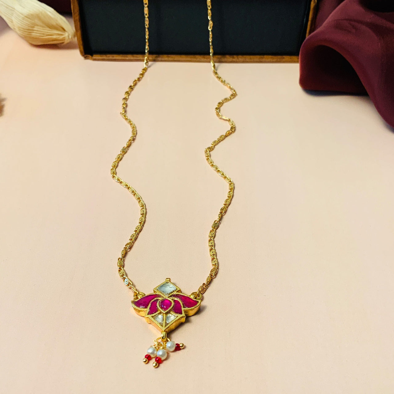 Gold Plated Lotus Pink Pachi Kundan Pendant Chain