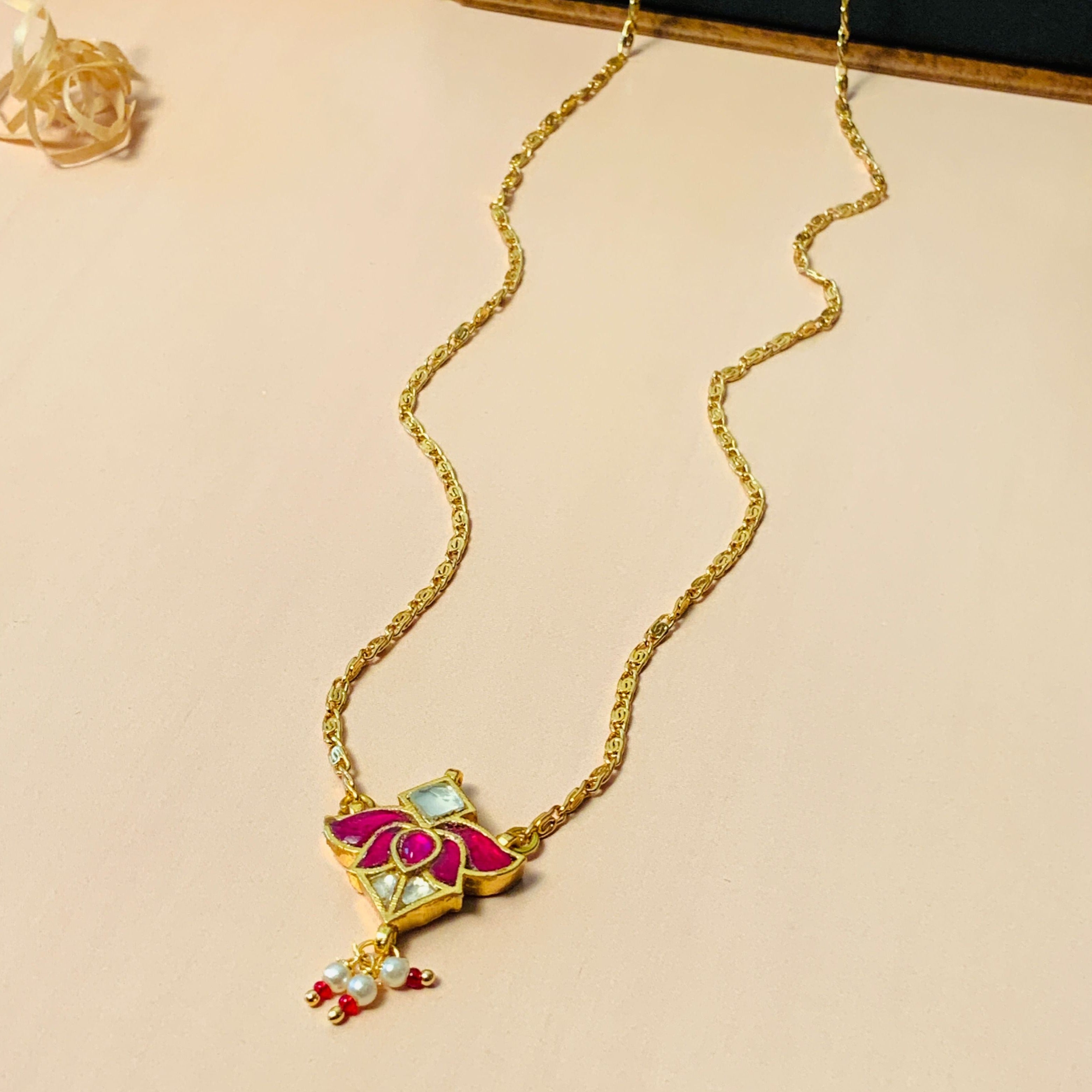 Gold Plated Lotus Pink Pachi Kundan Pendant Chain - Abdesignsjewellery