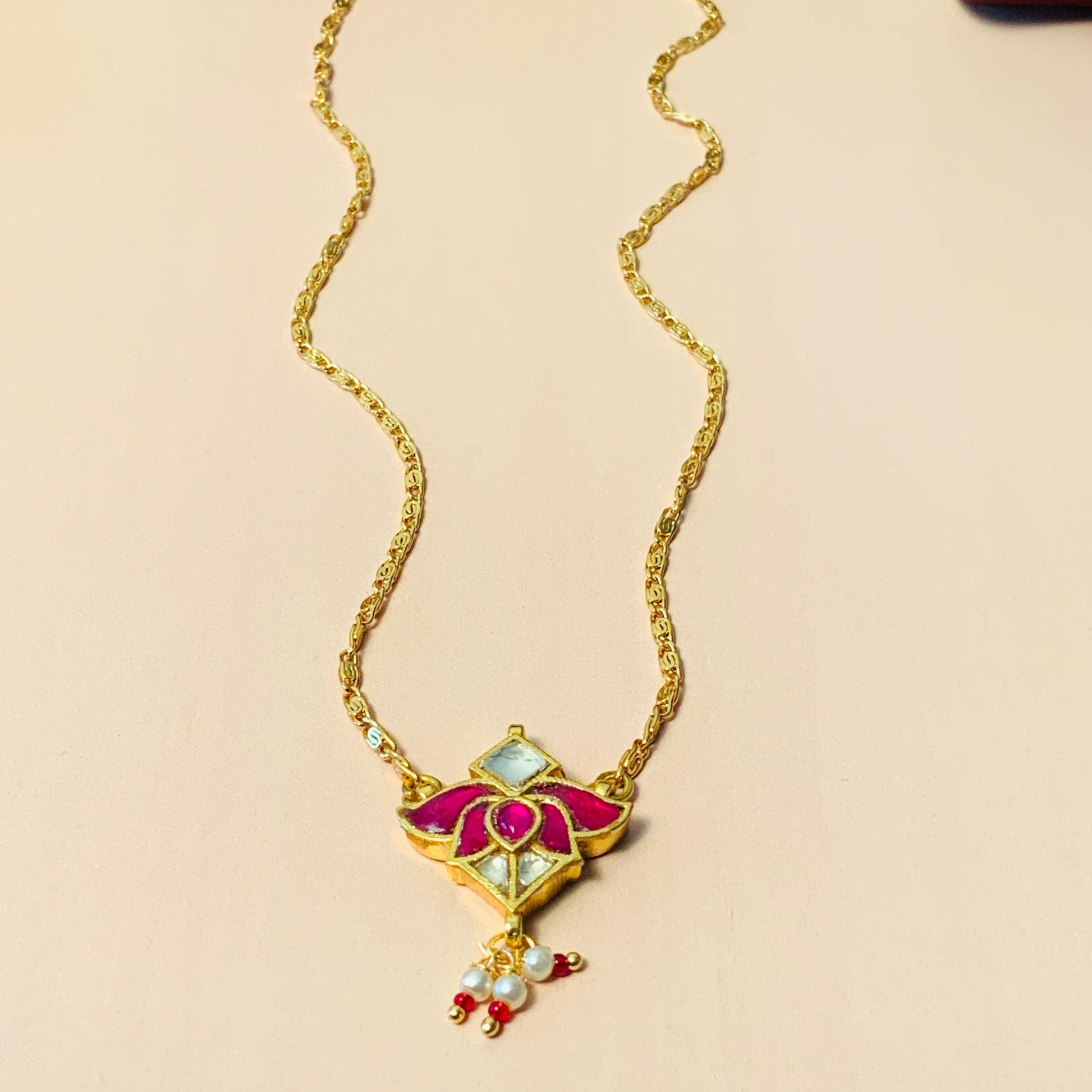 Gold Plated Lotus Pink Pachi Kundan Pendant Chain - Abdesignsjewellery