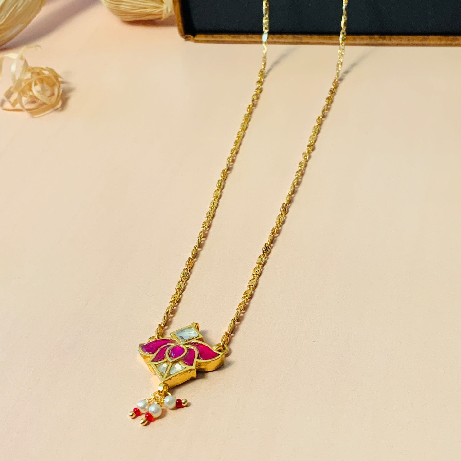 Gold Plated Lotus Pink Pachi Kundan Pendant Chain - Abdesignsjewellery