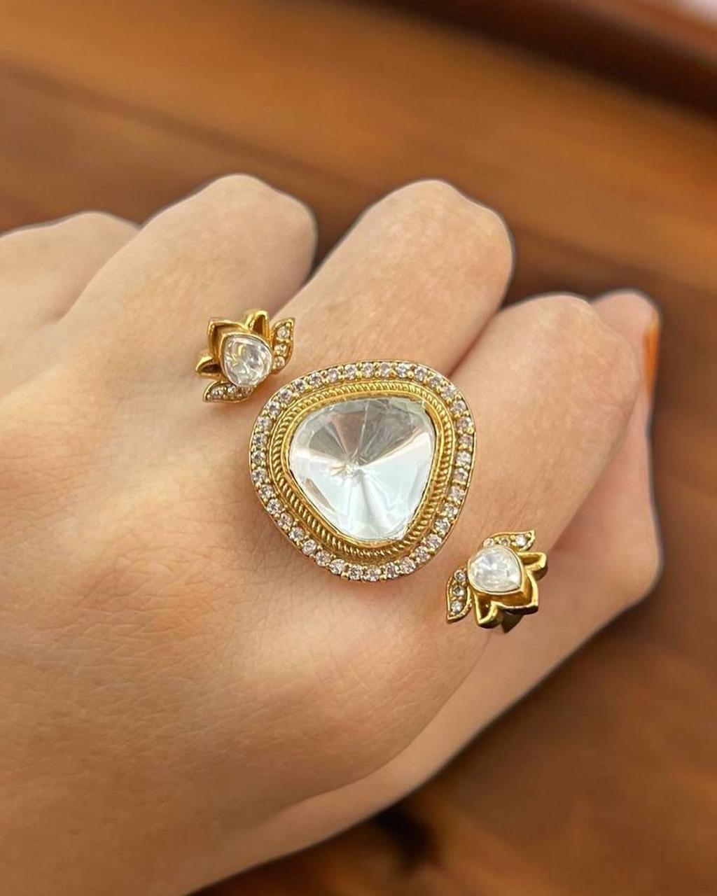 Traditional High Quality Polki Duo Triangle Ring