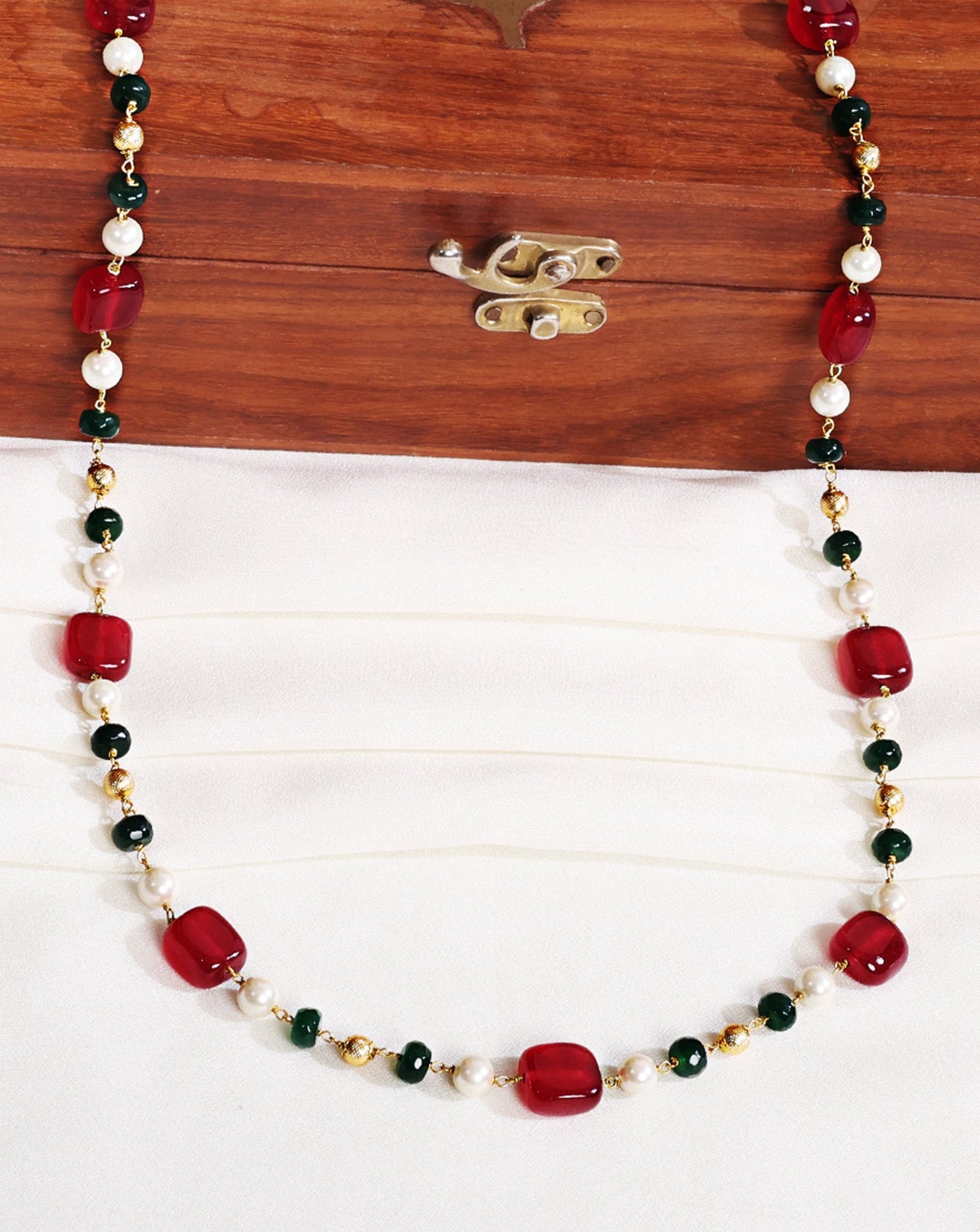 Golden Red Beads Pearls Stones Jaipuri Mala - Abdesignsjewellery