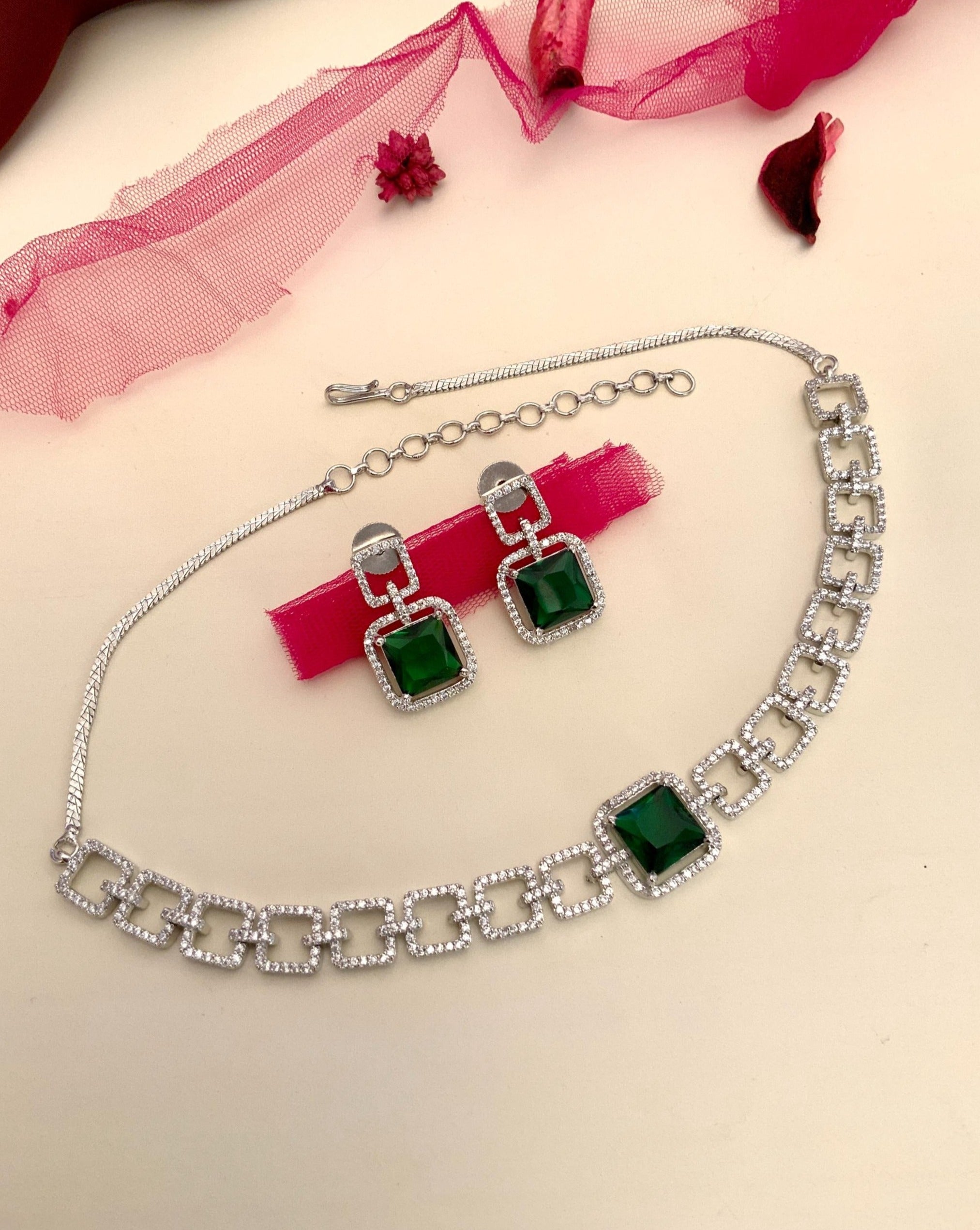 Classic Silver Plated American Diamond Necklace Set