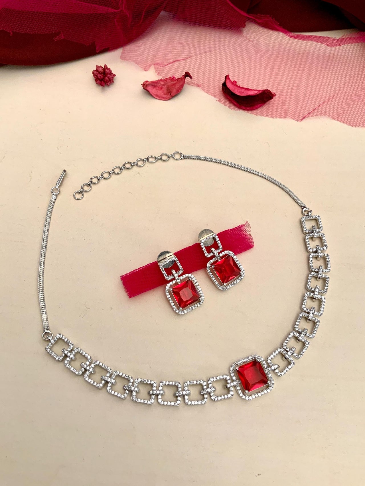 Classic Silver Plated American Diamond Necklace Set