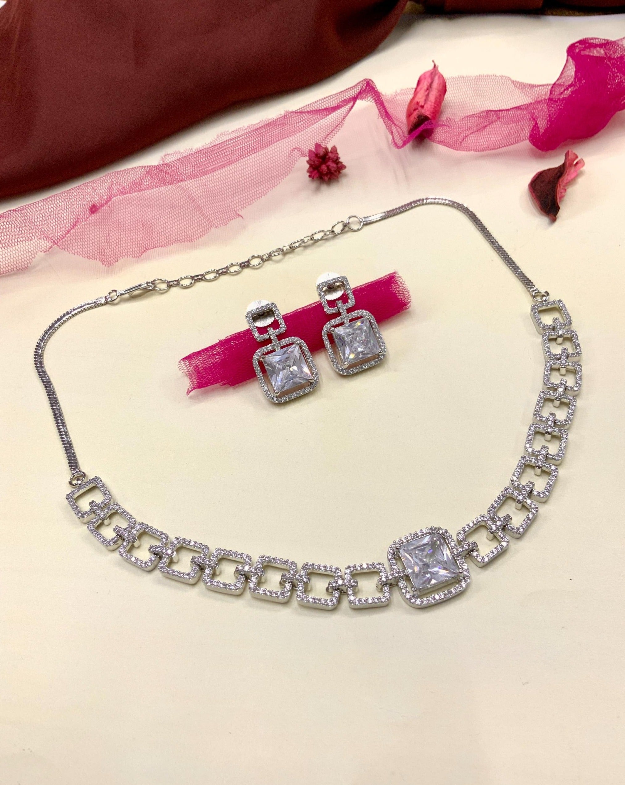 Classic Silver Plated American Diamond Necklace Set