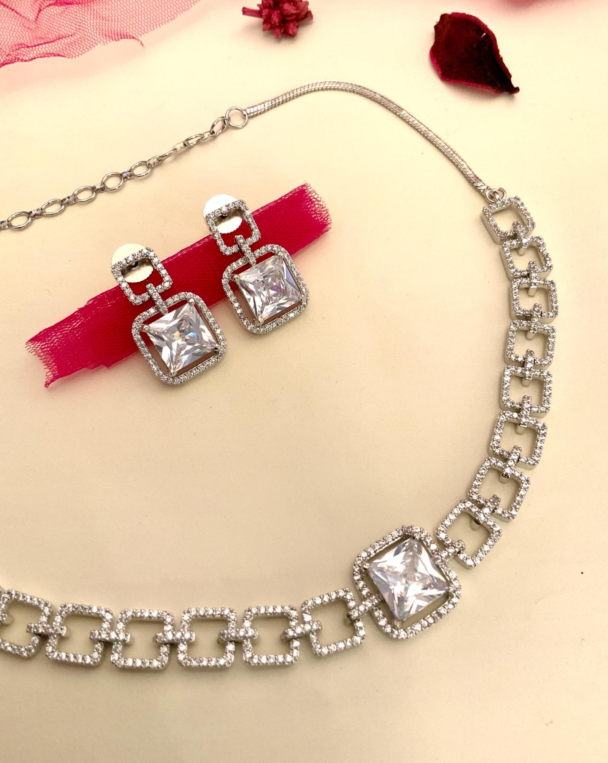 Classic Silver Plated American Diamond Necklace Set