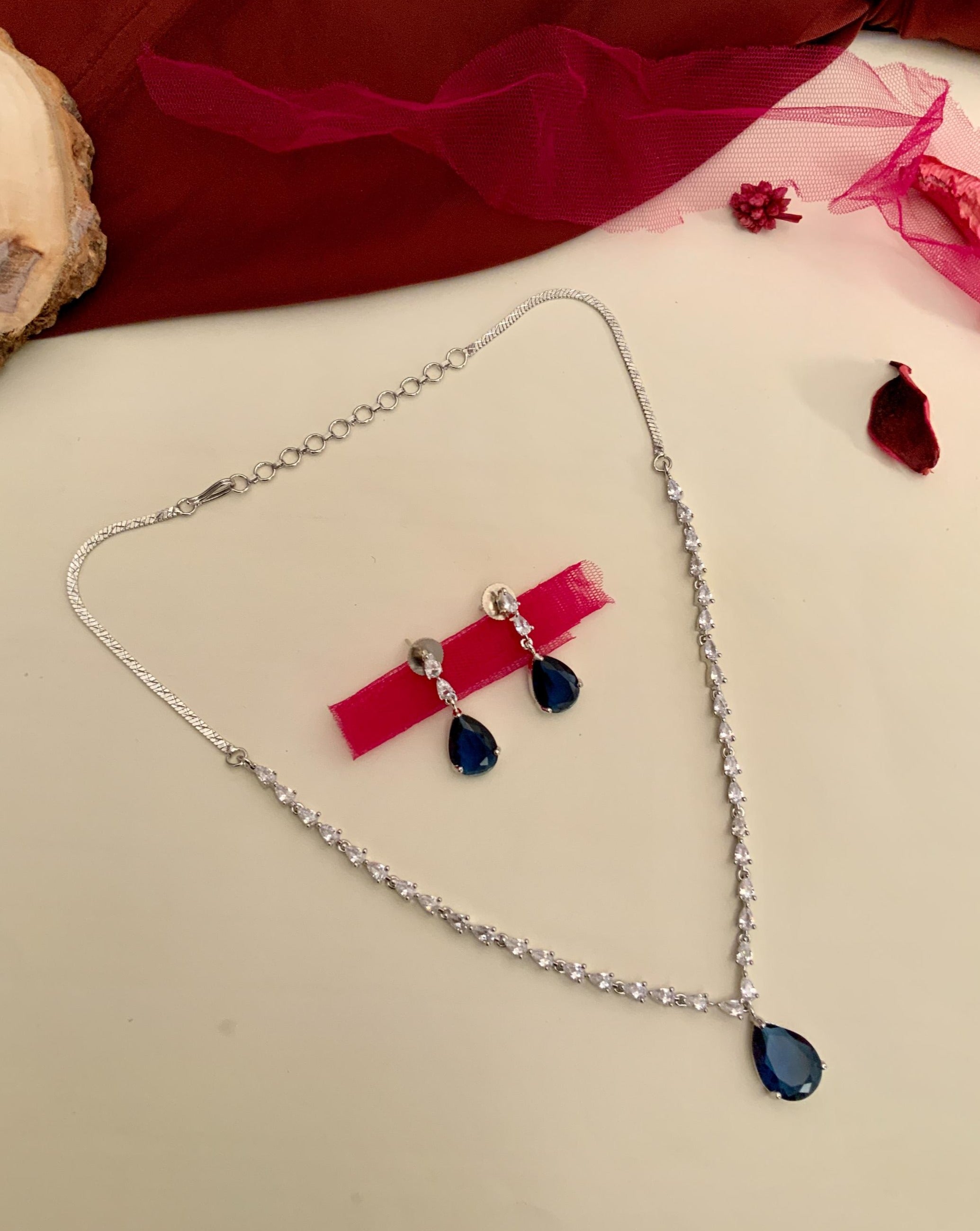 Silver Plated Drop American Diamond Necklace Set