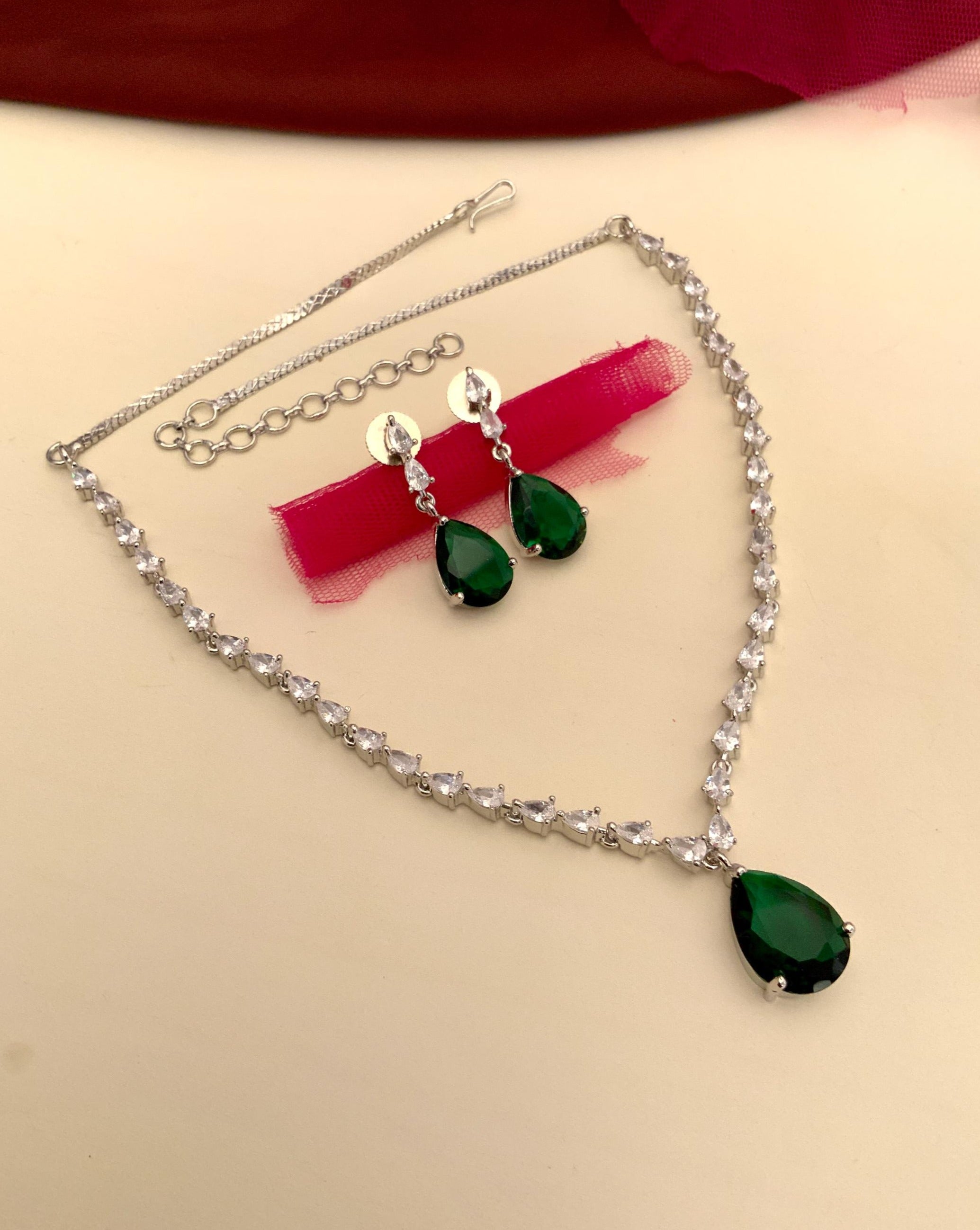 Silver Plated Drop American Diamond Necklace Set