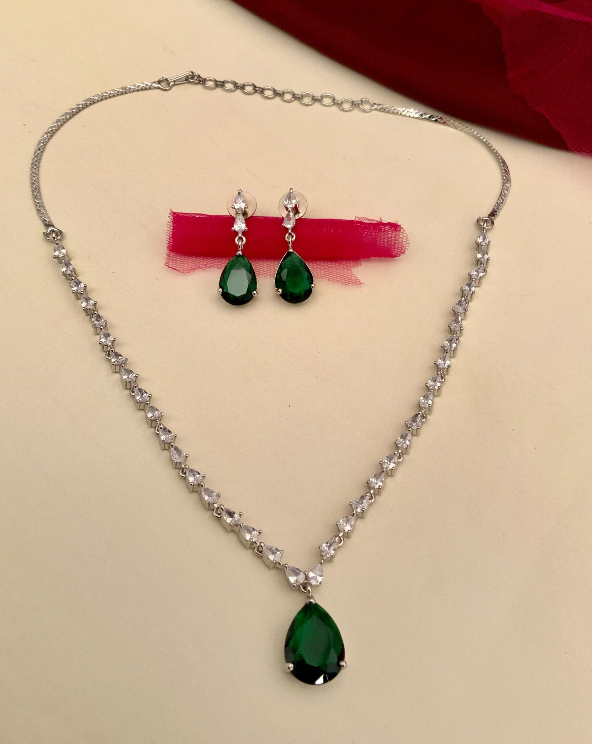 Silver Plated Drop American Diamond Necklace Set