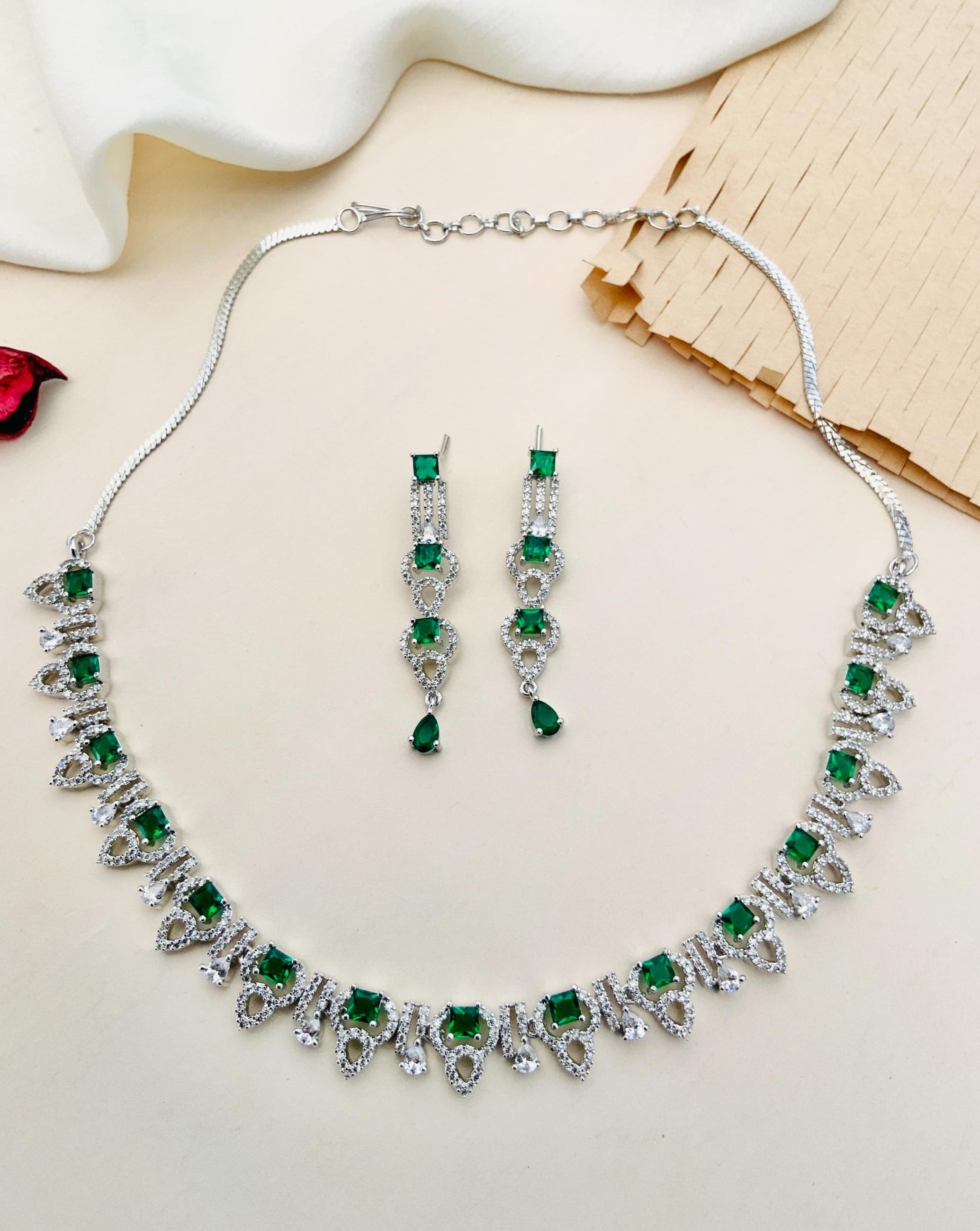 Premium Silver Plated American Diamond Necklace Set