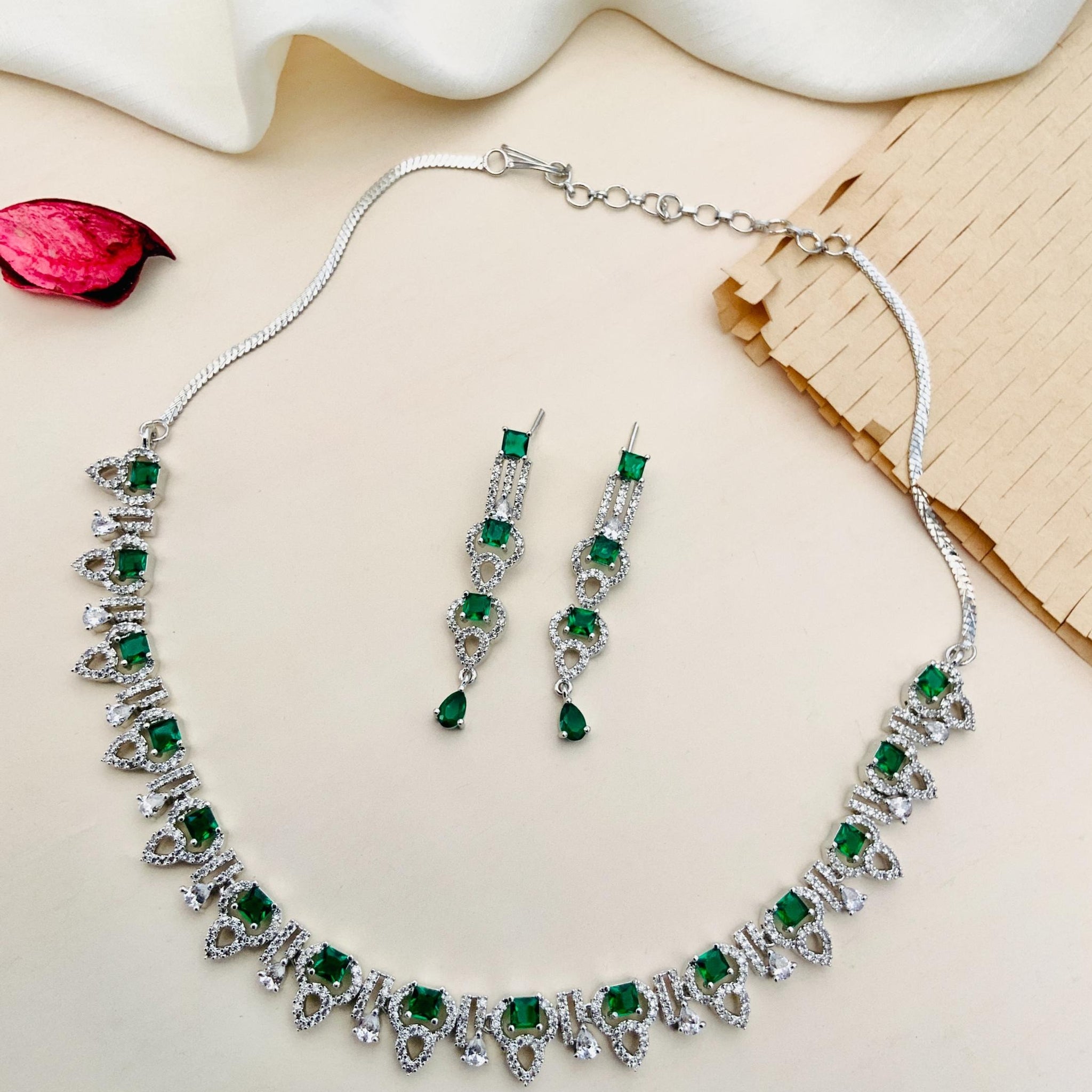 Premium Silver Plated American Diamond Necklace Set